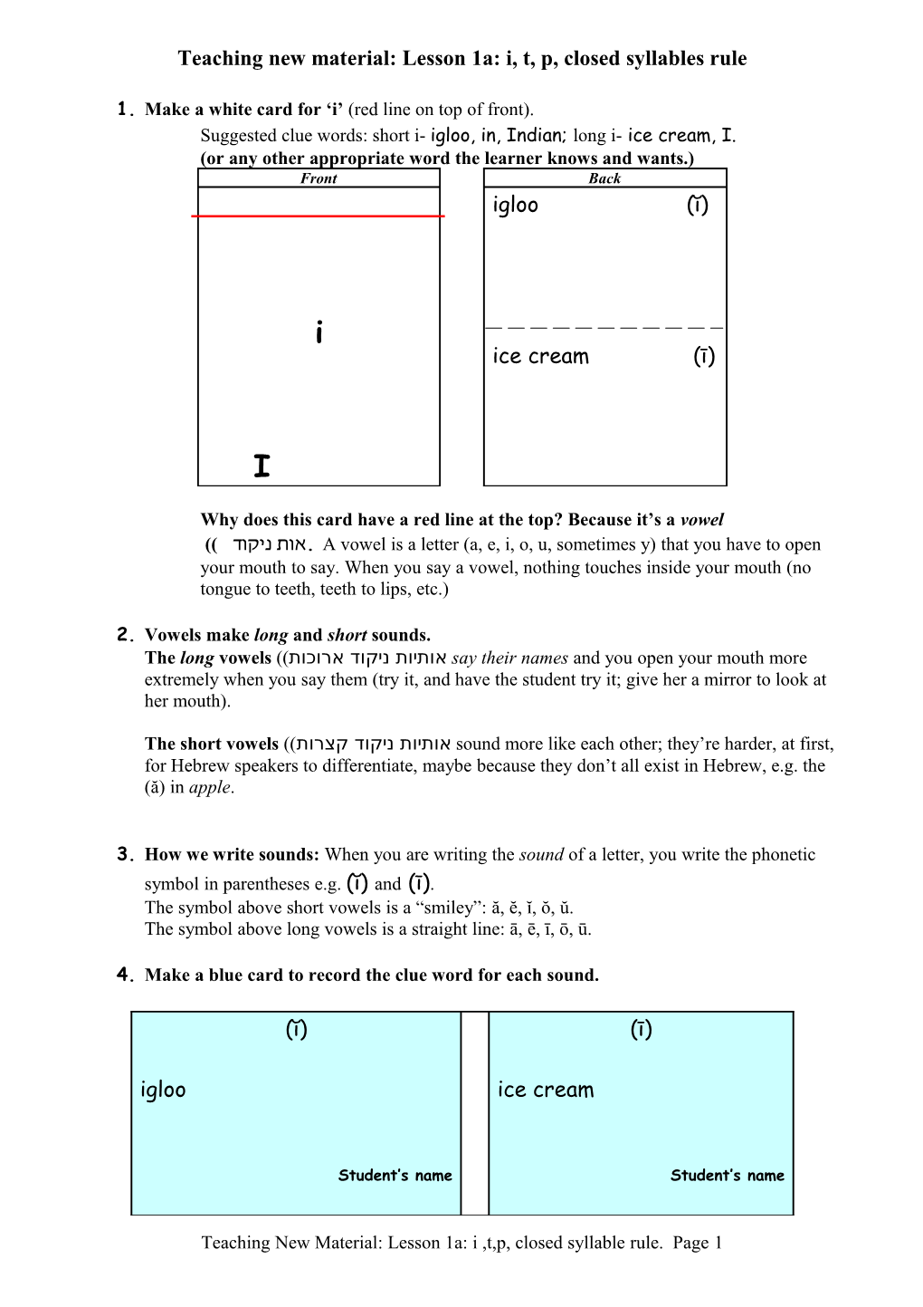 Teaching New Material: Lesson 1A: I, T, P, Closed Syllables Rule