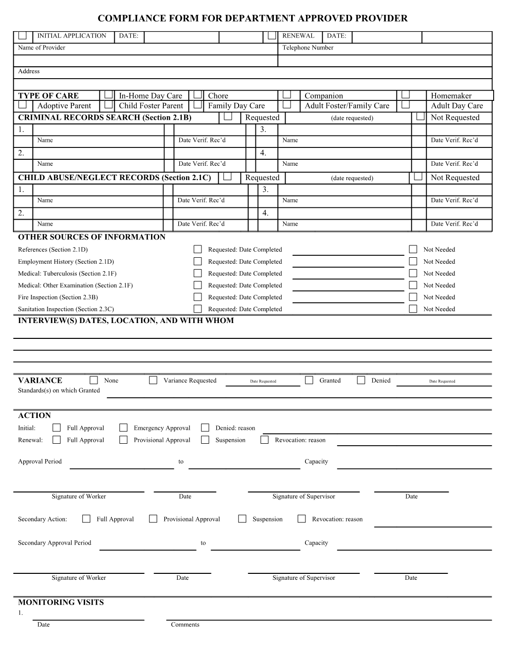 Compliance Form for Agency Approved Provider