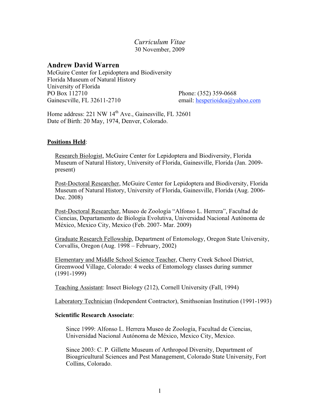 Curriculum Vitae Andrew David Warren