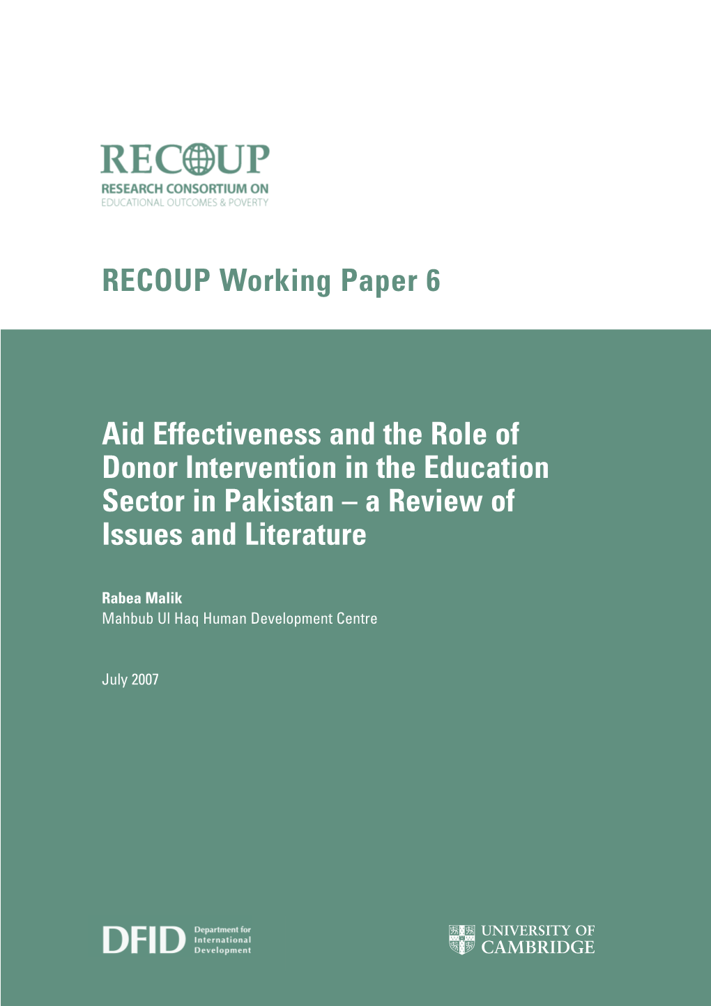 Aid Effectiveness and the Role of Donor Intervention in the Education Sector in Pakistan – a Review of Issues and Literature