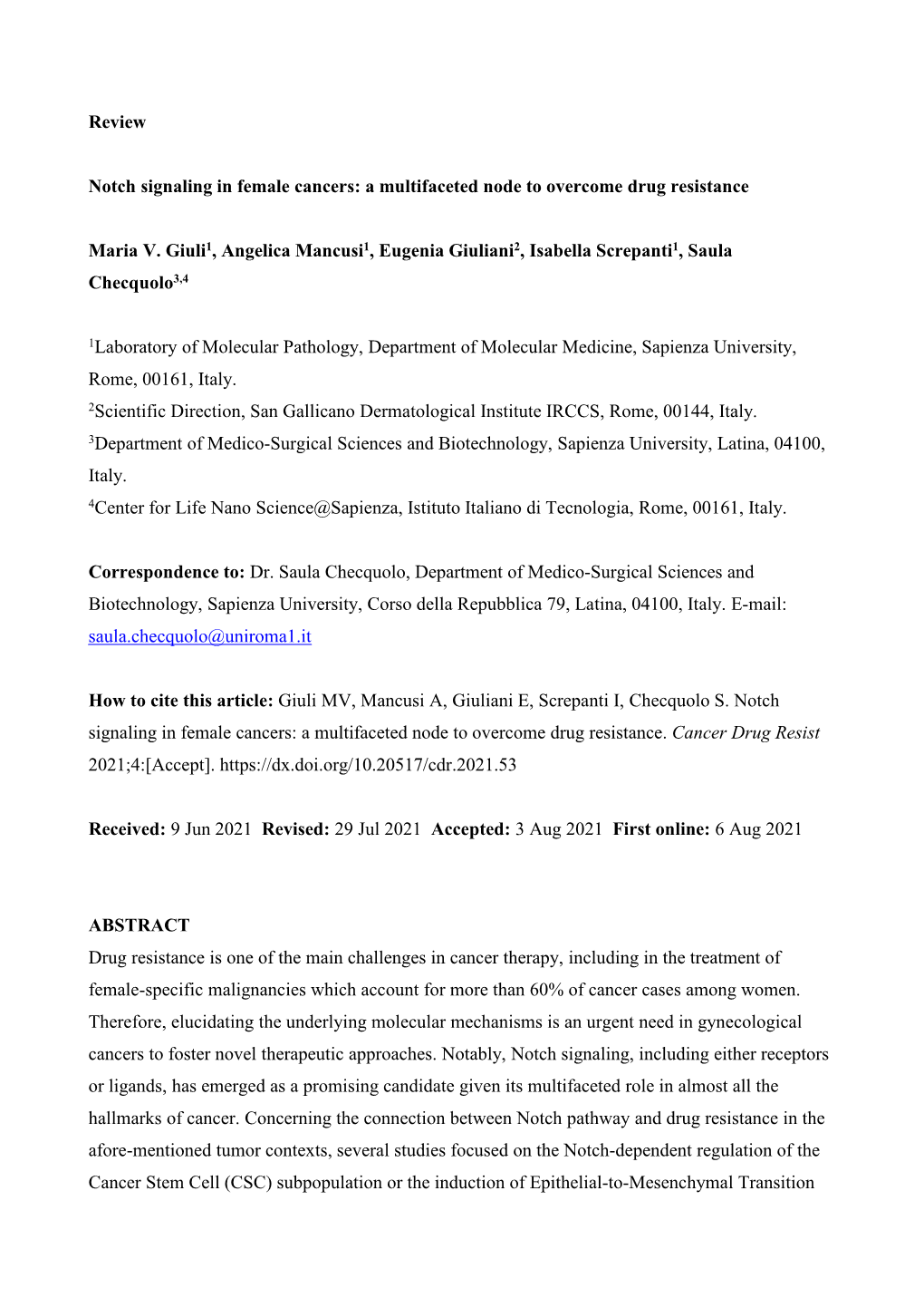 Review Notch Signaling in Female Cancers: a Multifaceted Node To