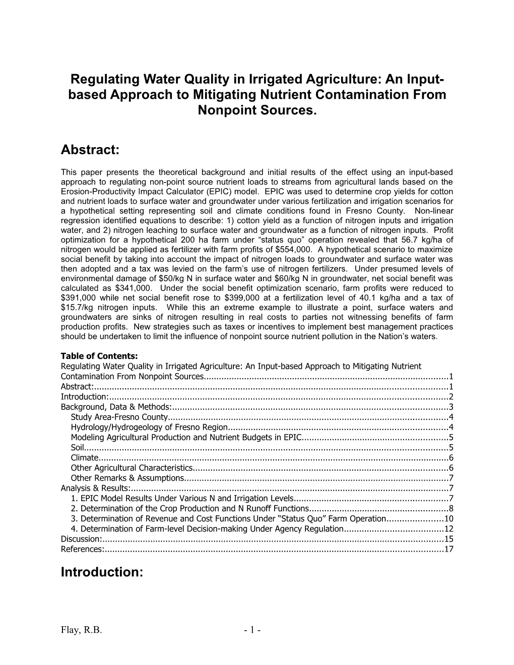 Technical Paper: Regulating Water Quality in Irrigated Agriculture: an Input-Based Approach