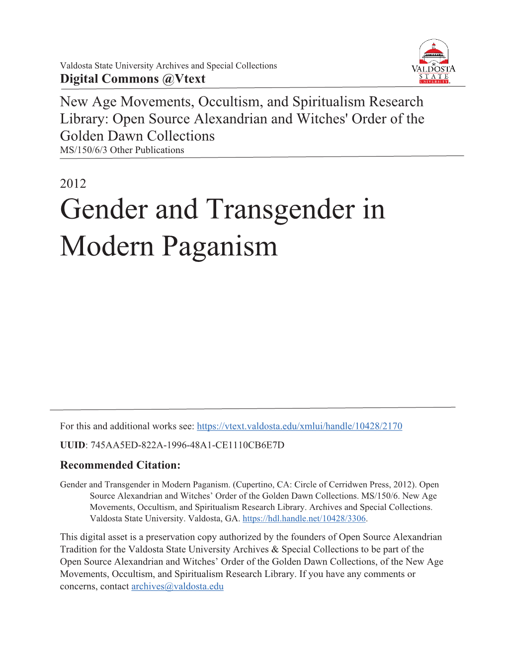 Gender and Transgender in Modern Paganism