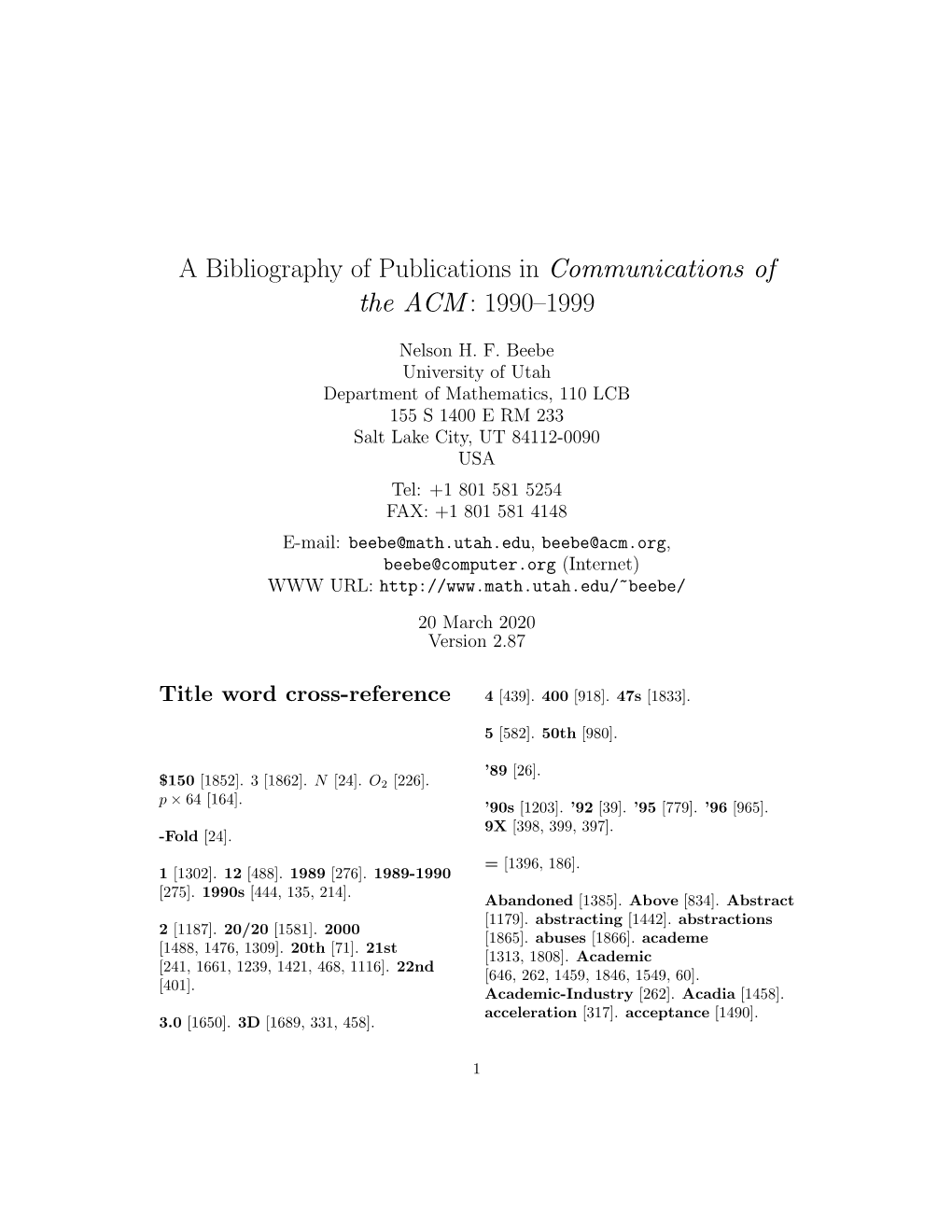 A Bibliography of Publications in Communications of the ACM : 1990–1999