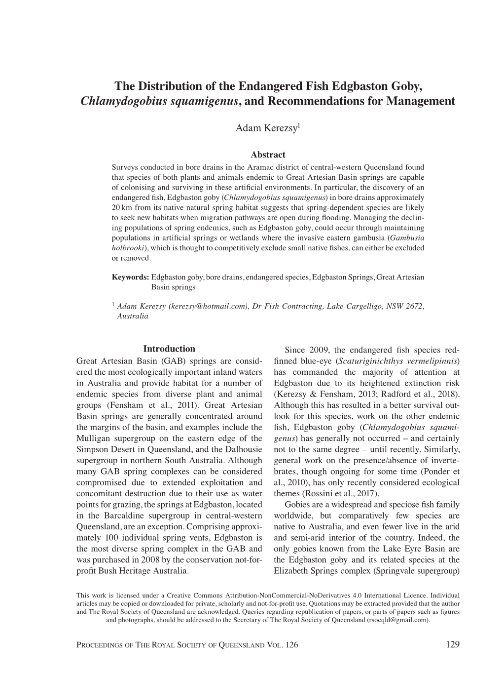 The Distribution of the Endangered Fish Edgbaston Goby, Chlamydogobius Squamigenus, and Recommendations for Management