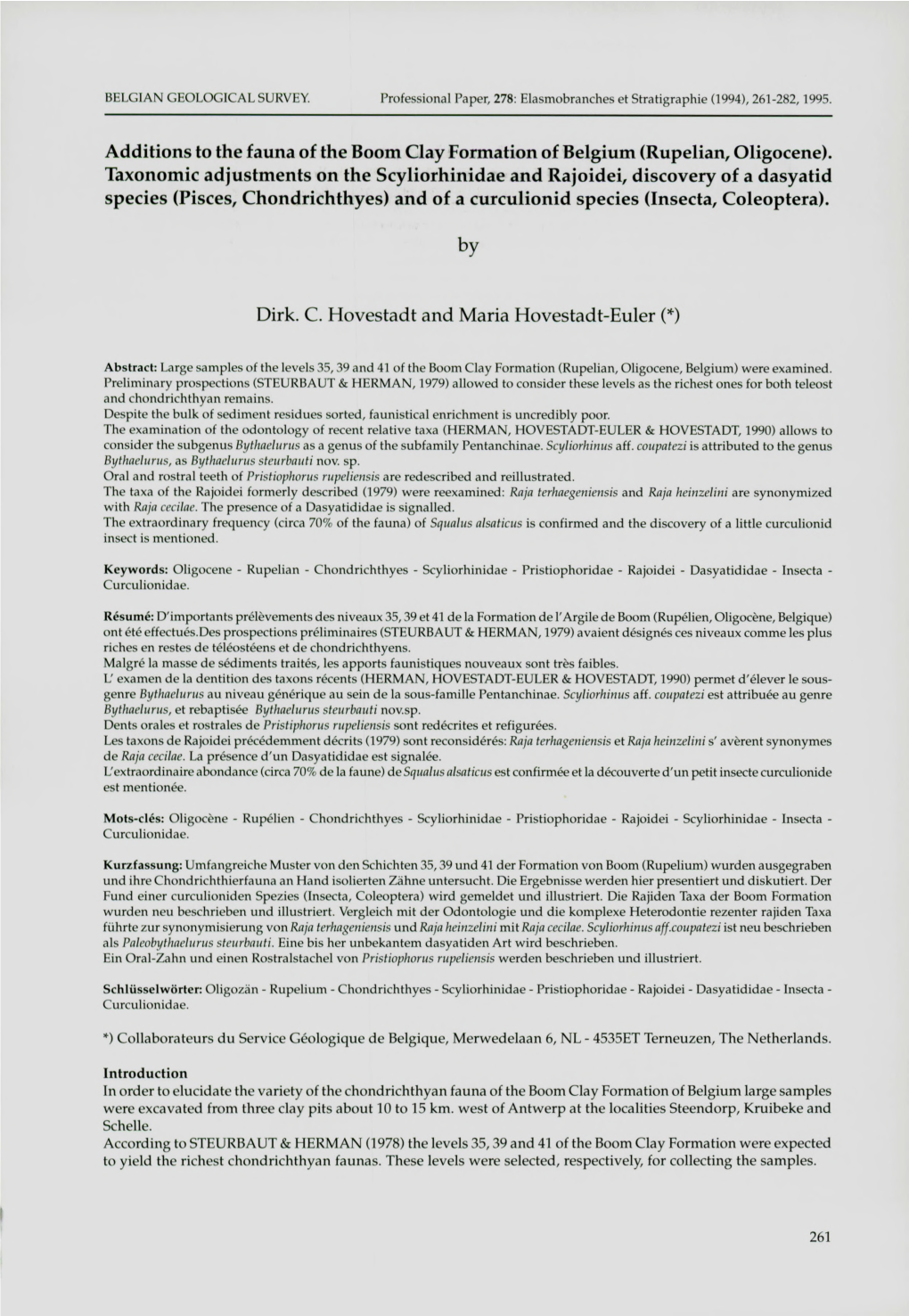 Additions to the Fauna of the Boom Clay Formation of Belgium (Rupelian, Oligocene). Taxonomic Adjustments on the Scyliorhinidae