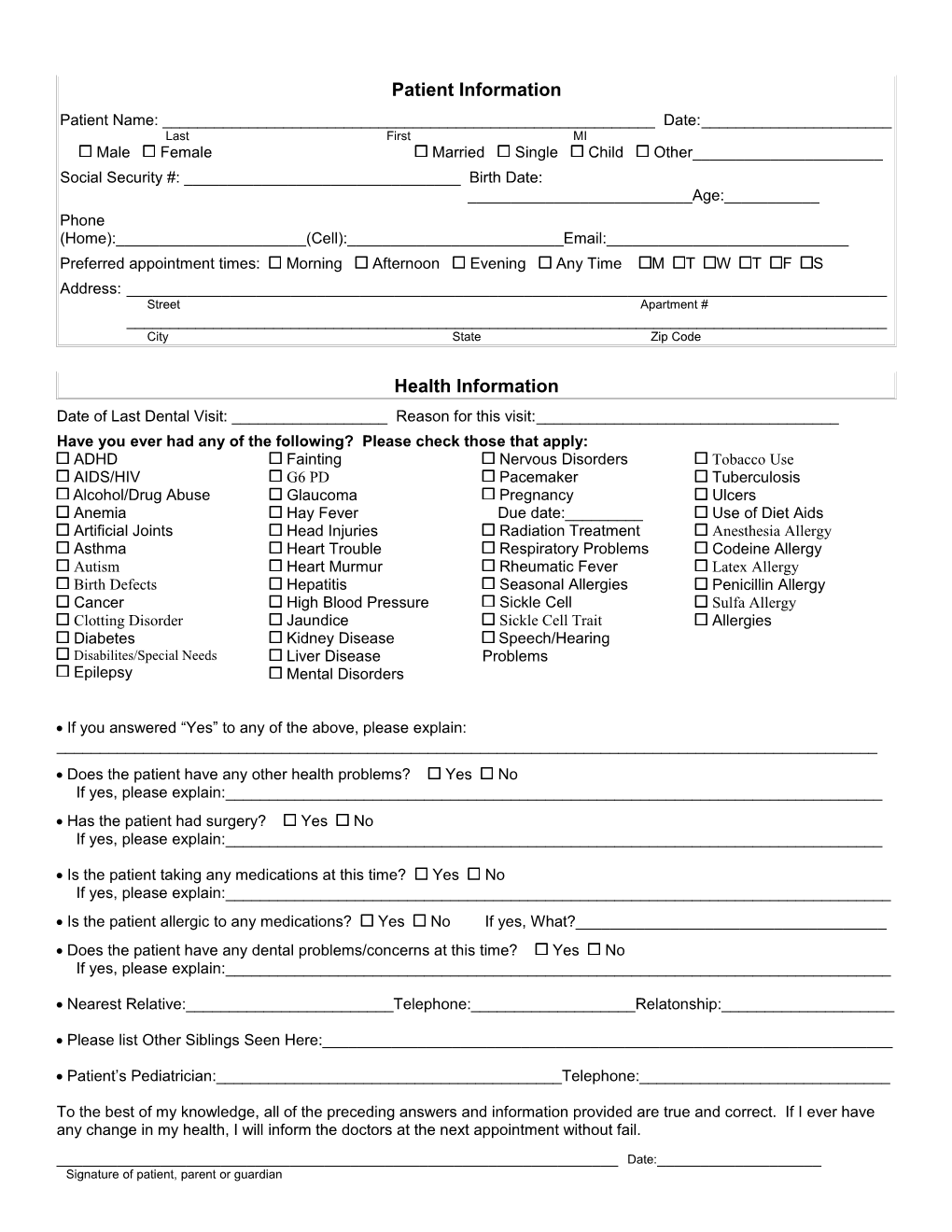 Sample New Patient Questionnaire