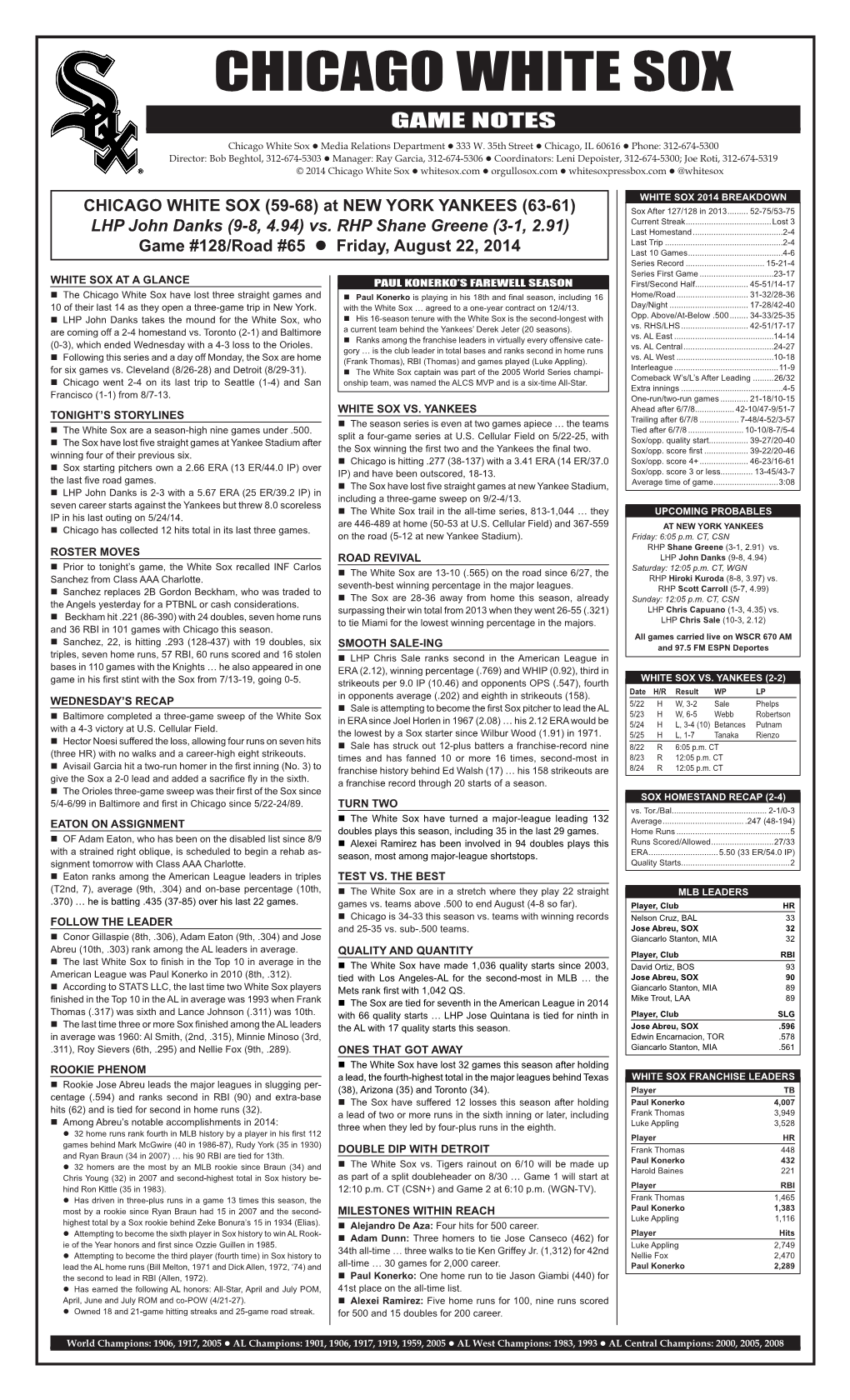 Chicago White Sox Game Notes Chicago White Sox  Media Relations Department  333 W