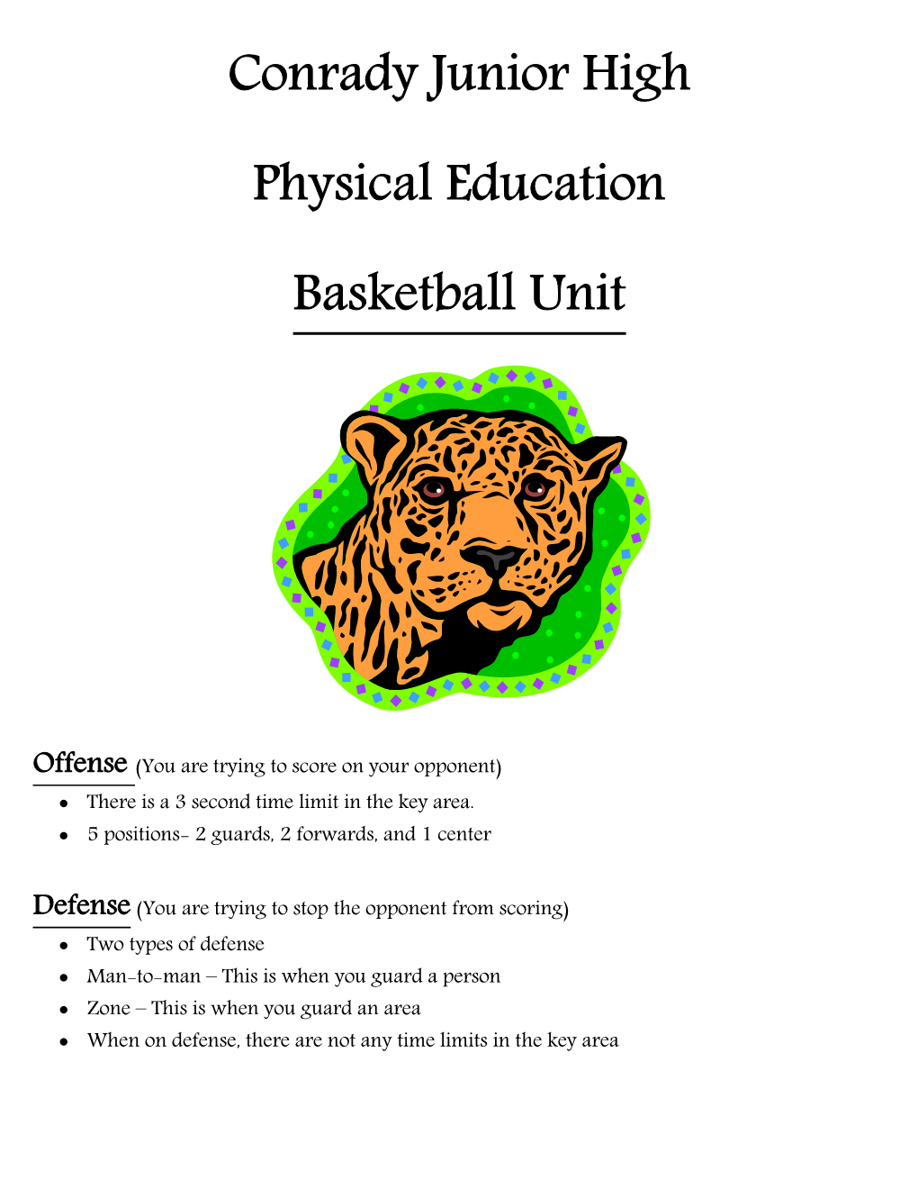 Conrady Junior High Physical Education Basketball Unit