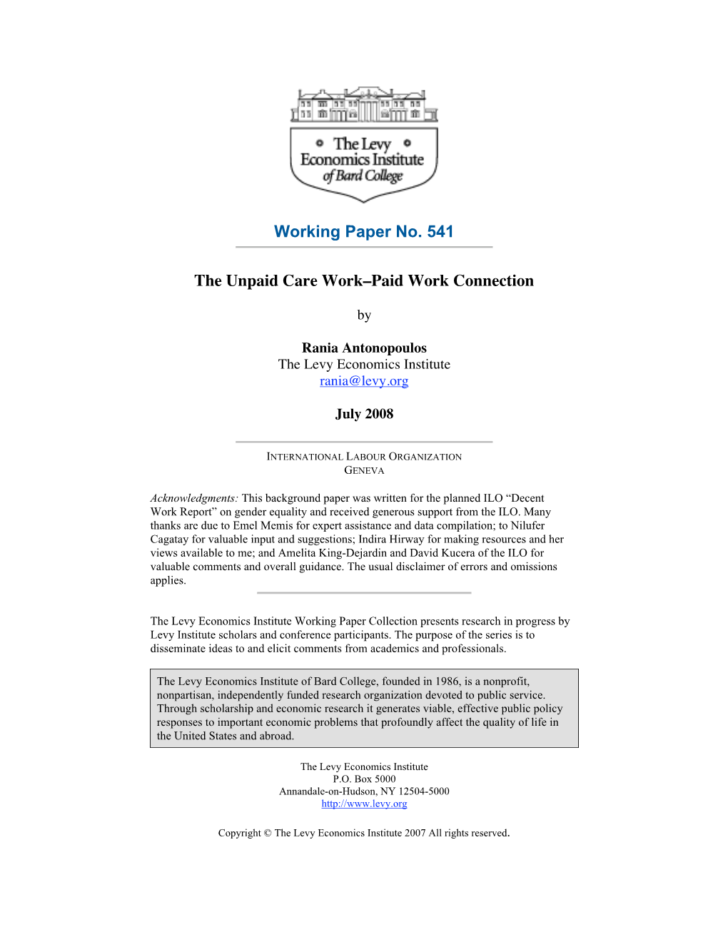 Working Paper No. 541 the Unpaid Care Work–Paid Work Connection