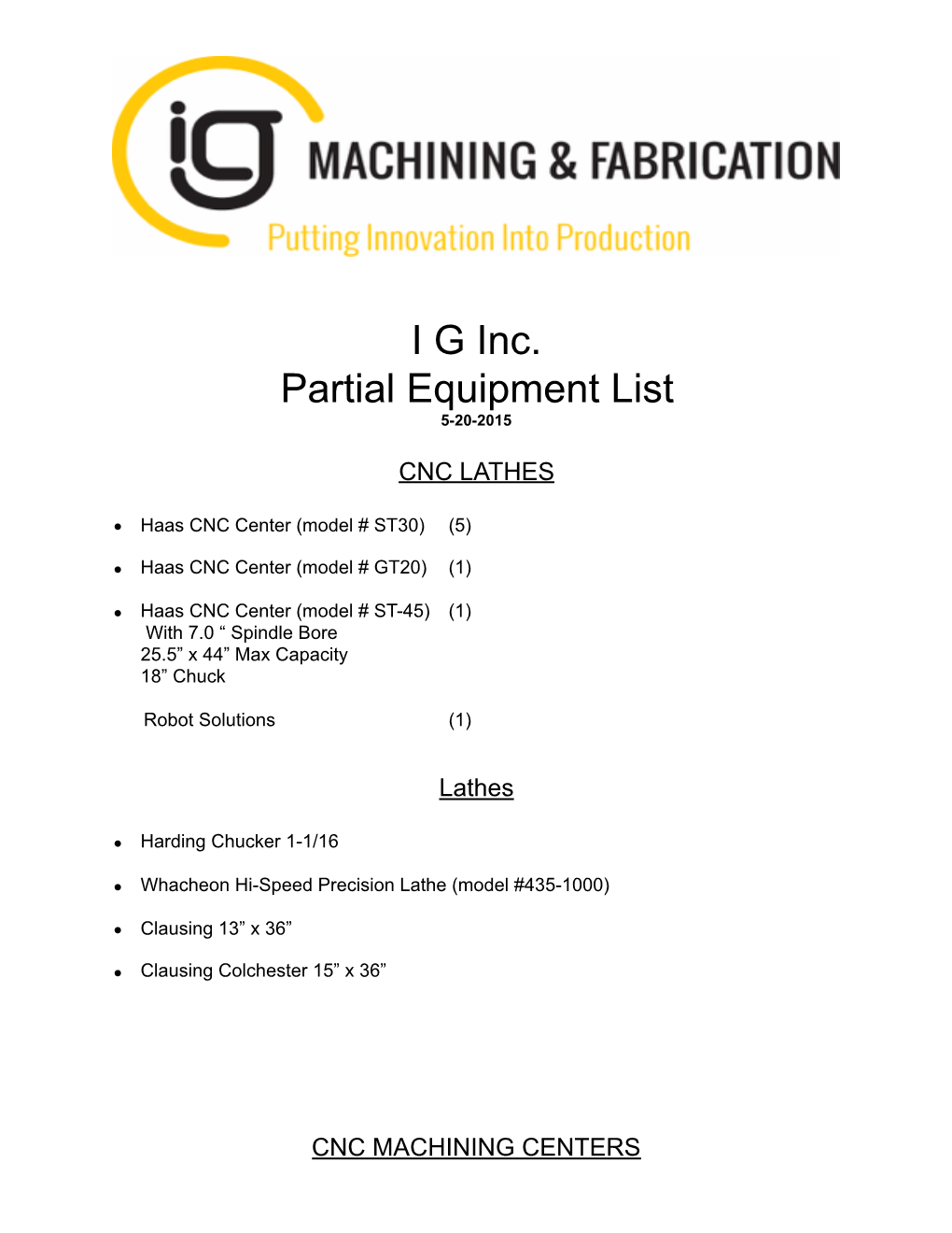 I G Inc. Partial Equipment List 5-20-2015