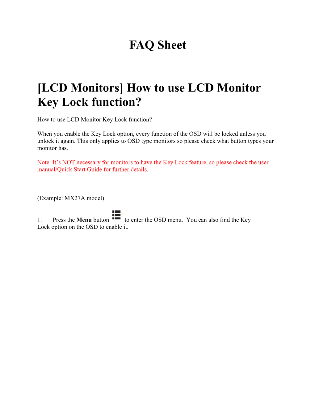 How to Use LCD Monitor Key Lock Function?