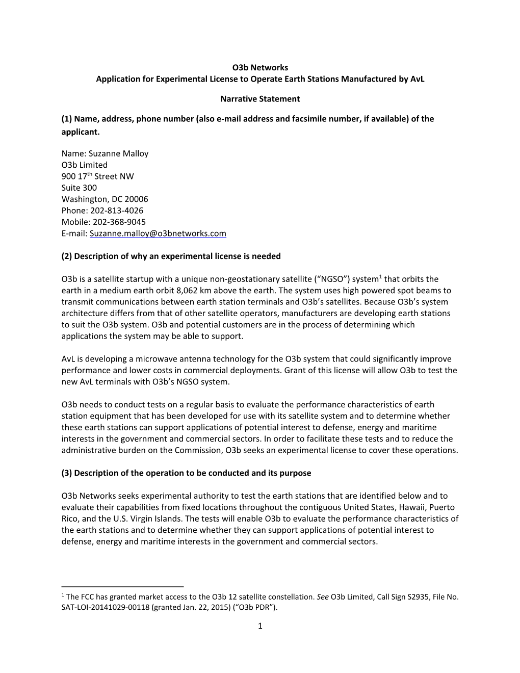 1 O3b Networks Application for Experimental License to Operate