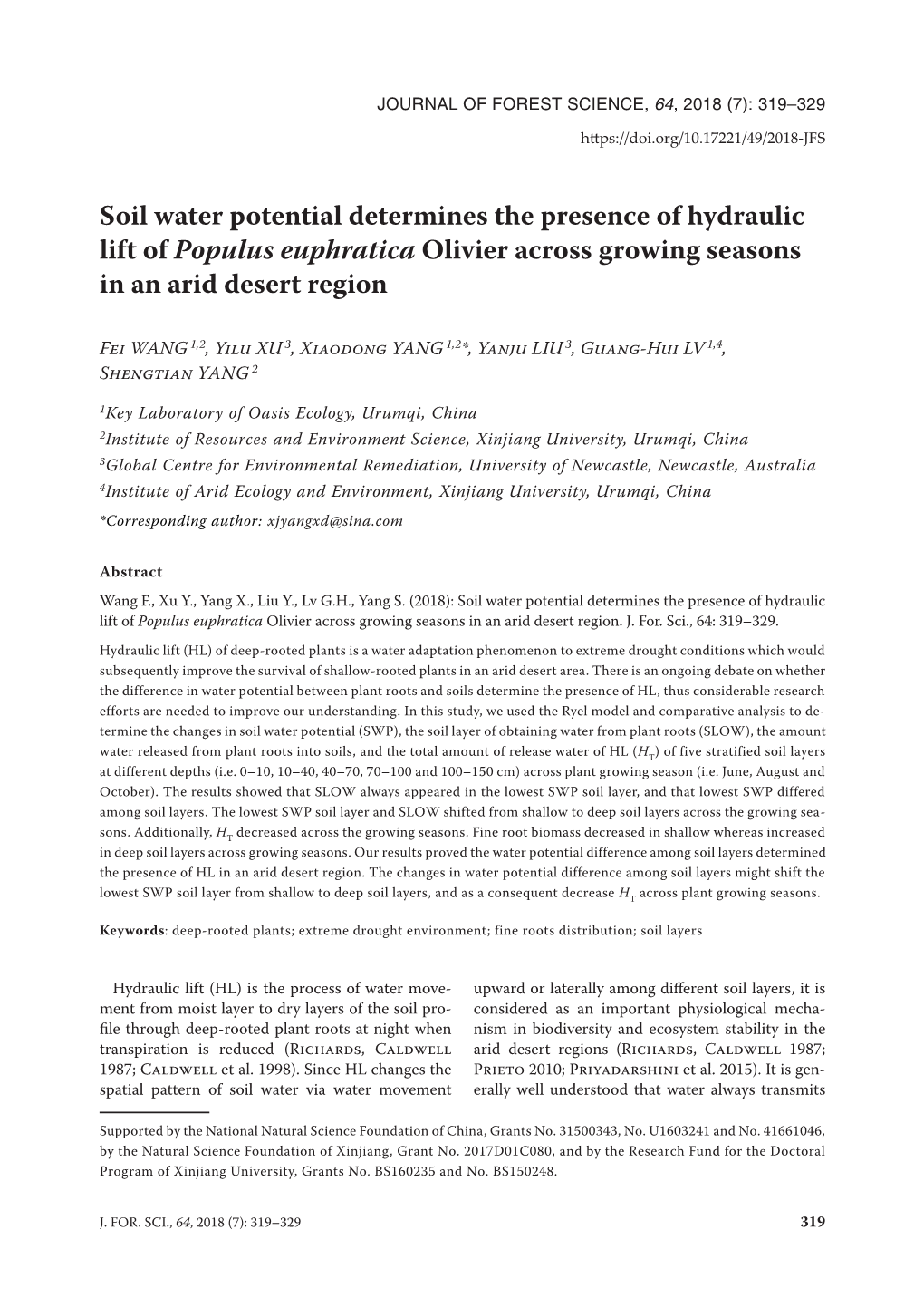 Soil Water Potential Determines the Presence of Hydraulic Lift of Populus Euphratica Olivier Across Growing Seasons in an Arid Desert Region