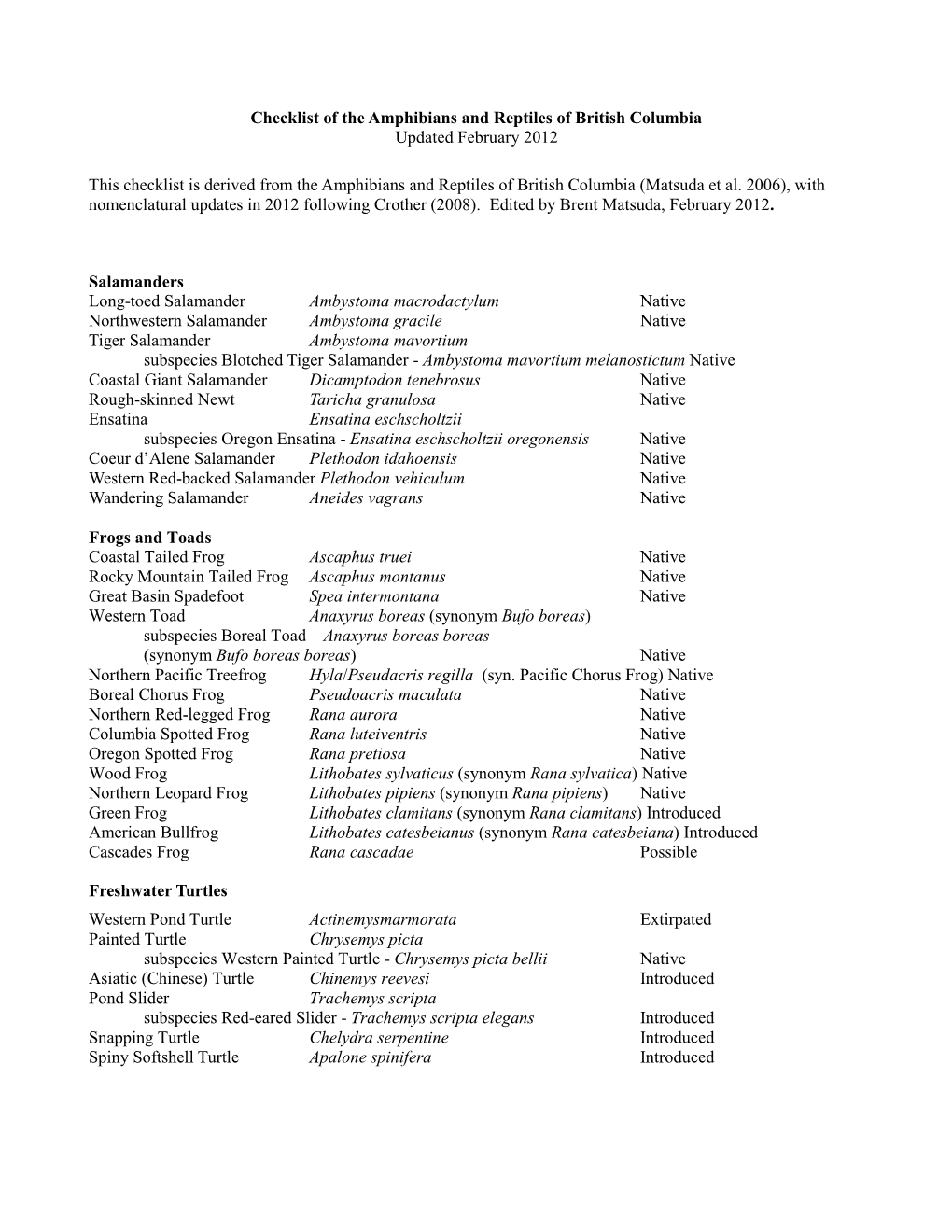 Checklist of the Amphibians and Reptiles of British Columbia Updated February 2012