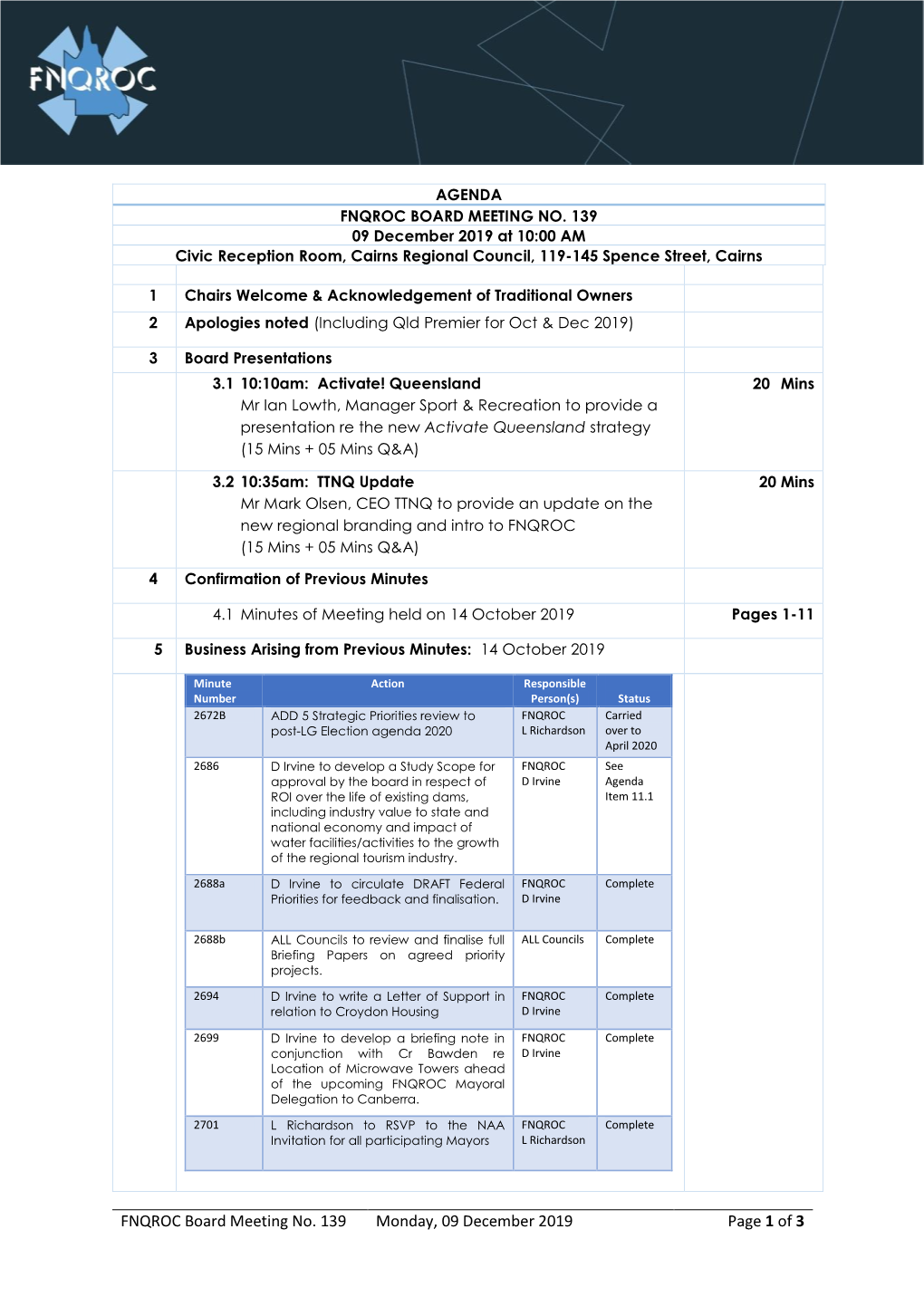 FNQROC Board Meeting No. 139 Monday, 09 December 2019 Page 1 of 3 6 Advocacy