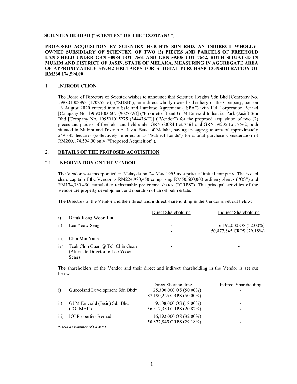 Proposed Acquisition by Scientex