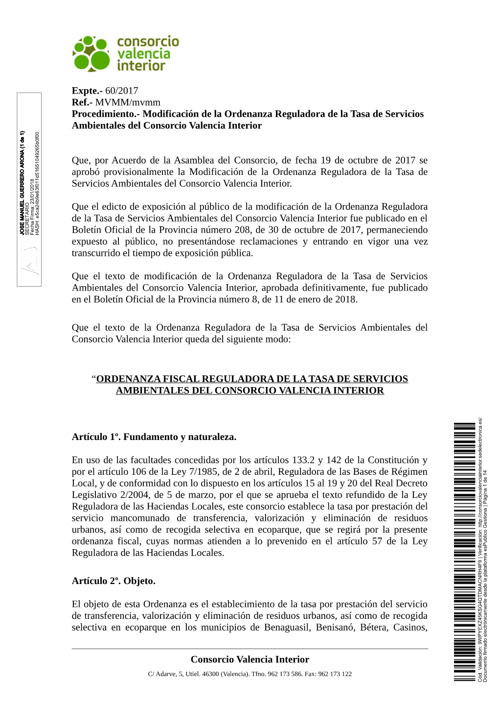Ordenanza Fiscal Reguladora De La Tasa De Servicios Ambientales Del Consorcio Valencia Interior