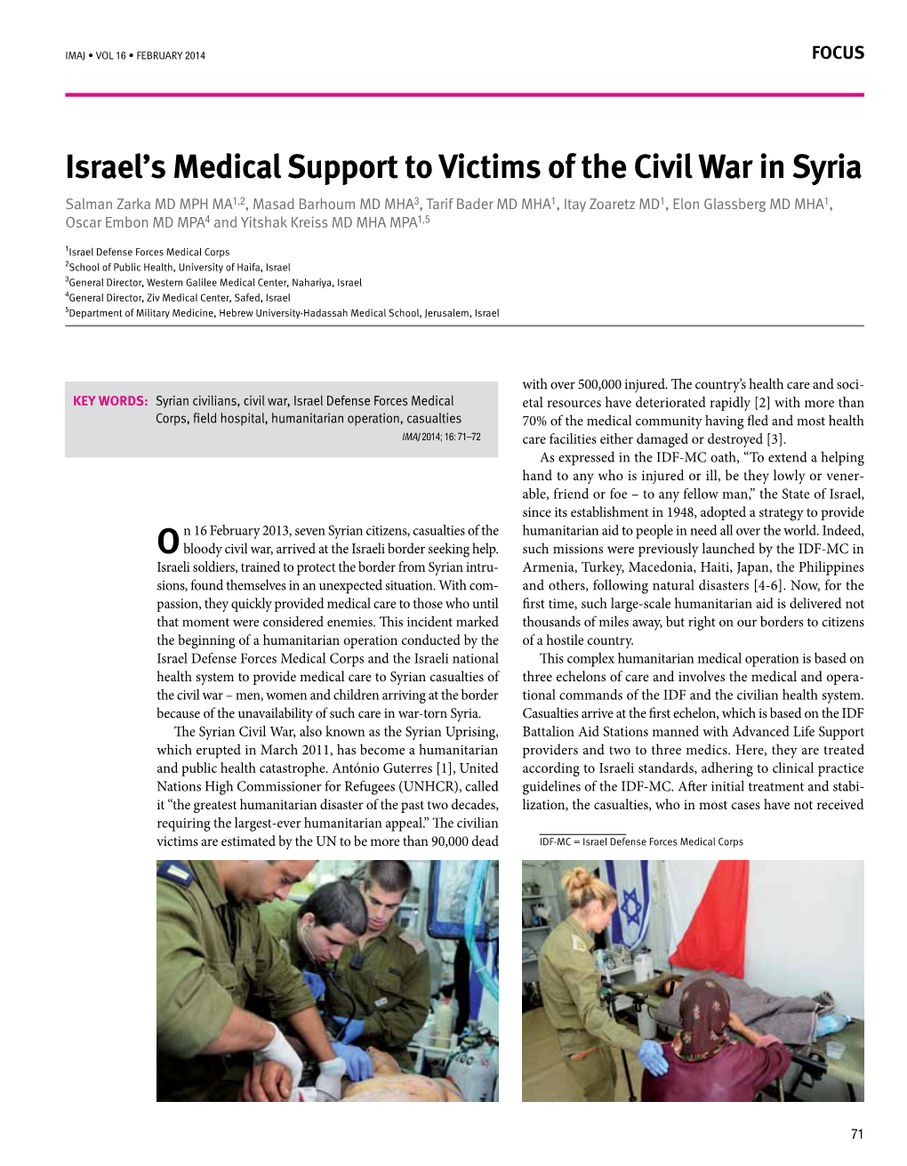 Israel's Medical Support to Victims of the Civil War in Syria