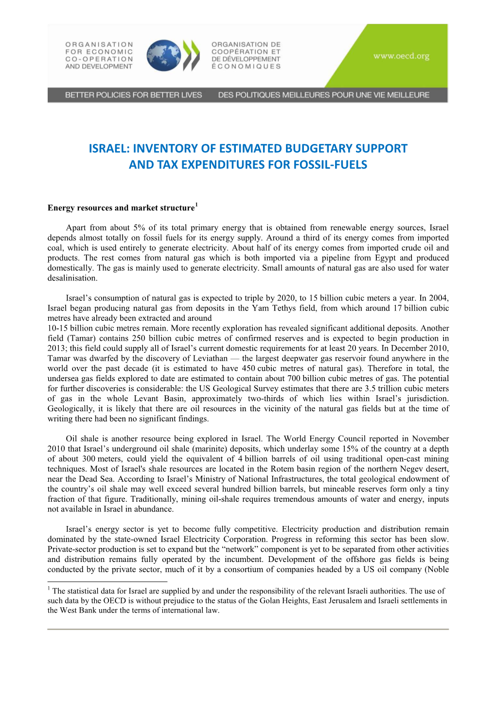 Israel: Inventory of Estimated Budgetary Support and Tax Expenditures for Fossil-Fuels