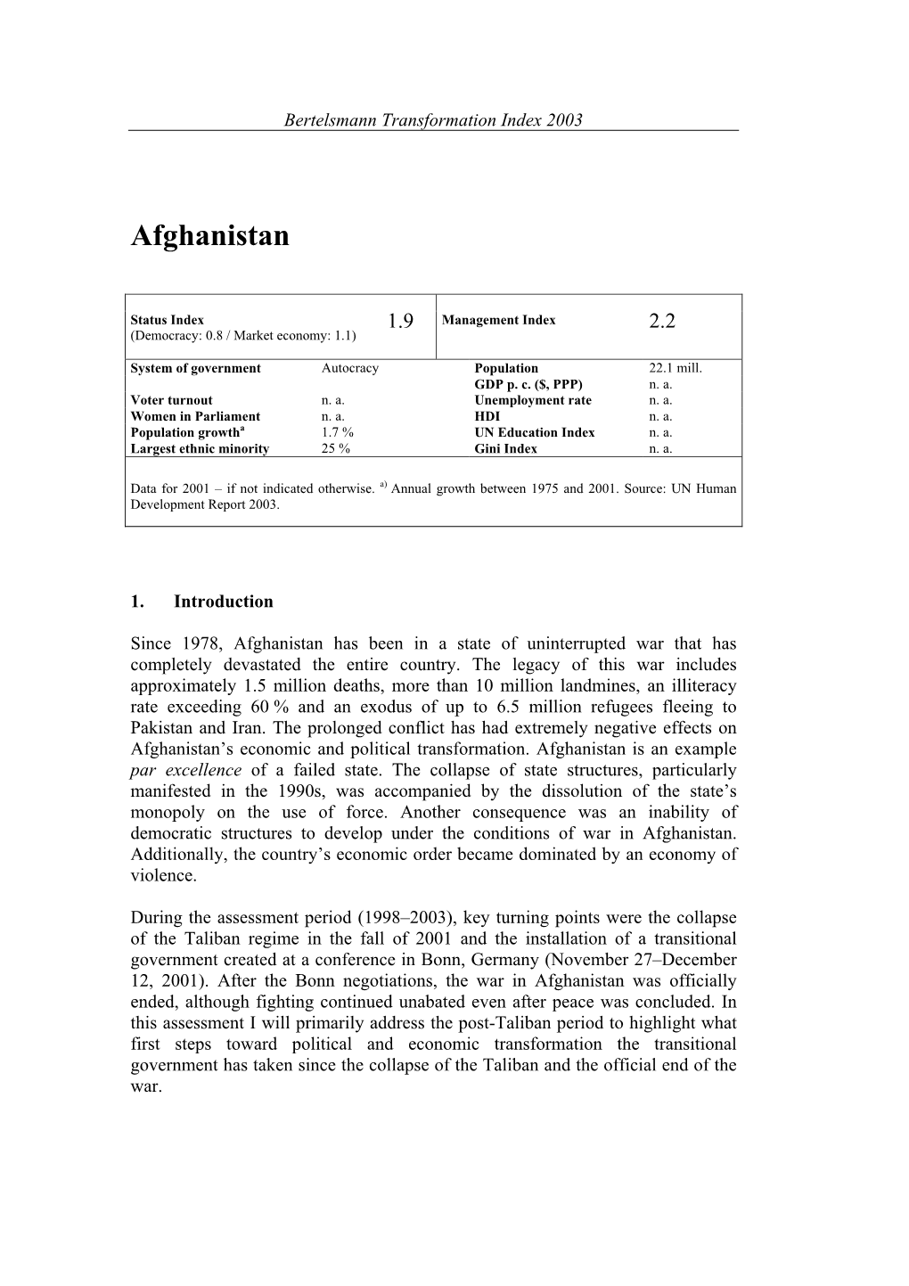 Afghanistan Country Report BTI 2003