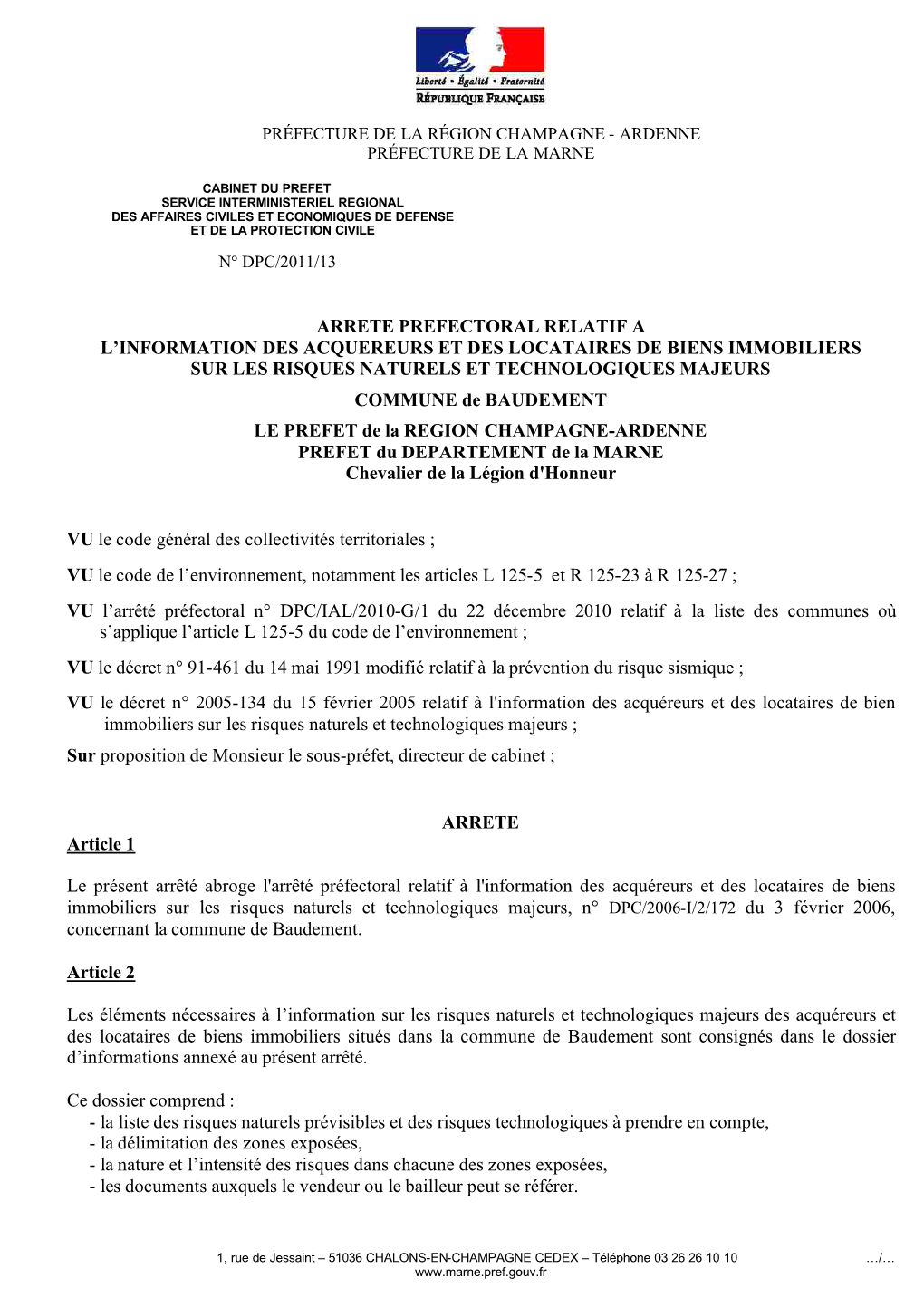 Arrete Prefectoral Relatif a L'information Des