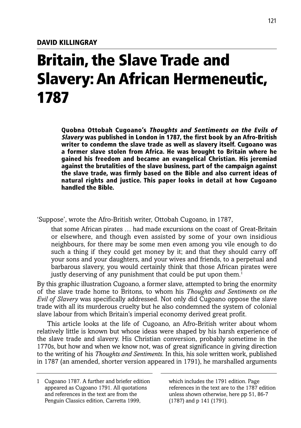 Britain, the Slave Trade and Slavery: an African Hermeneutic, 1787