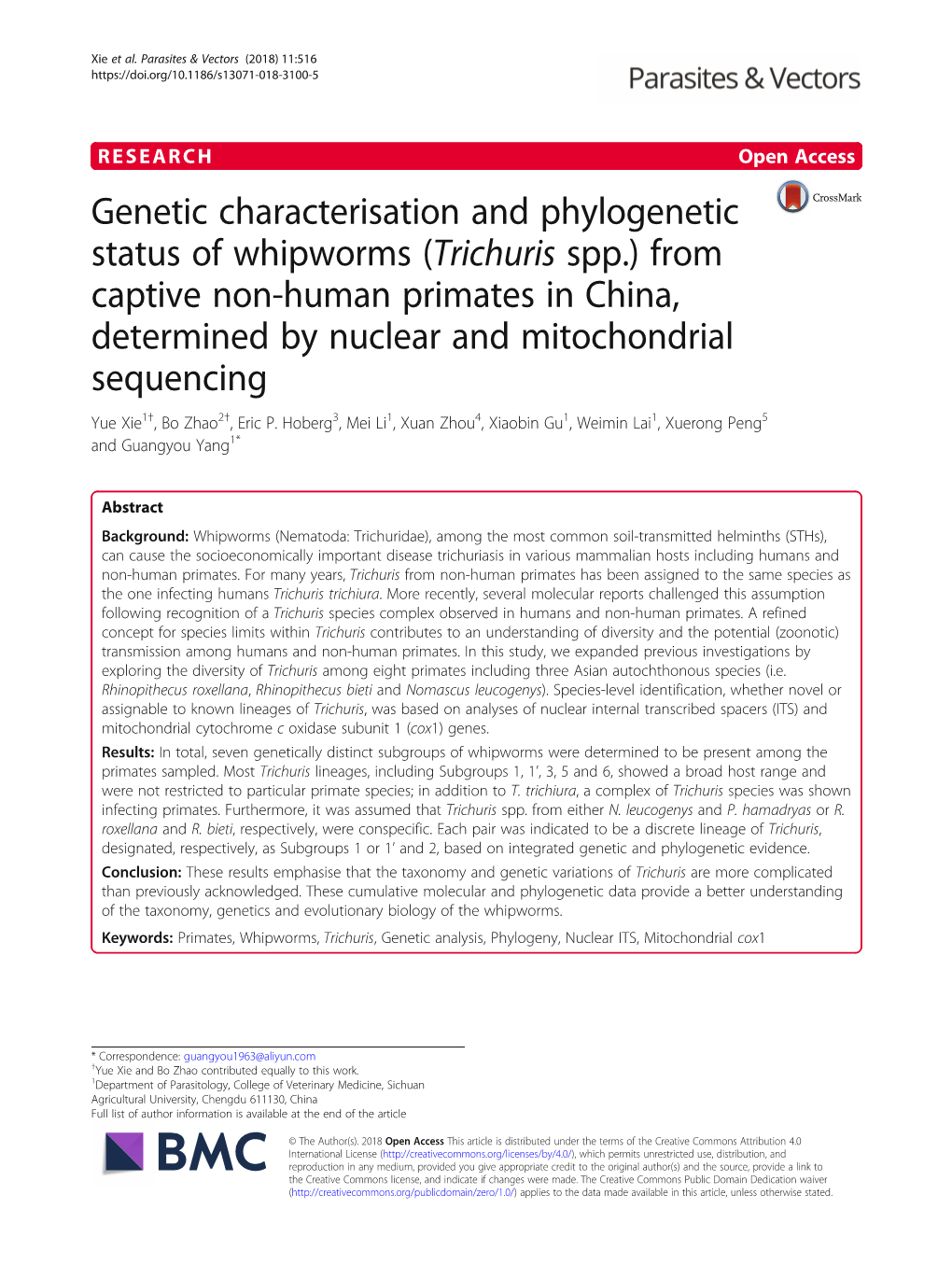 (Trichuris Spp.) from Captive Non-Human Primates in China, Determined by Nuclear and Mitochondrial Sequencing Yue Xie1†, Bo Zhao2†, Eric P