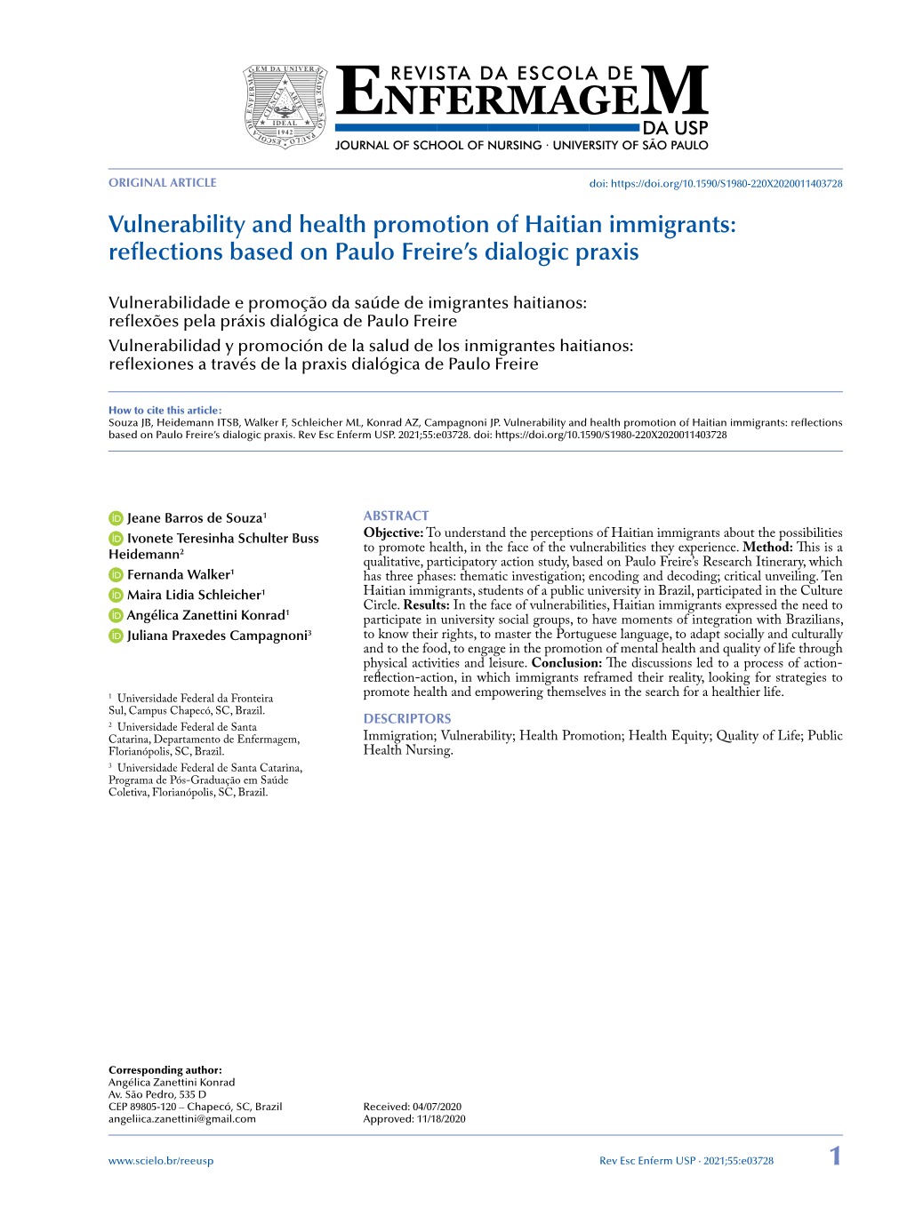 Vulnerability and Health Promotion of Haitian Immigrants: Reflections Based on Paulo Freire’S Dialogic Praxis