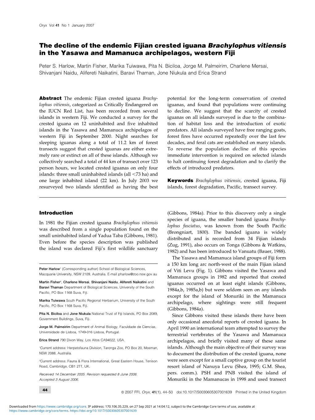 The Decline of the Endemic Fijian Crested Iguana Brachylophus Vitiensis in the Yasawa and Mamanuca Archipelagos, Western Fiji