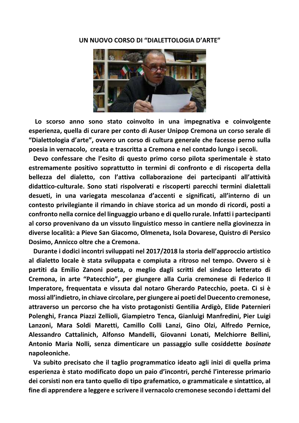 UN NUOVO CORSO DI “DIALETTOLOGIA D'arte” Lo