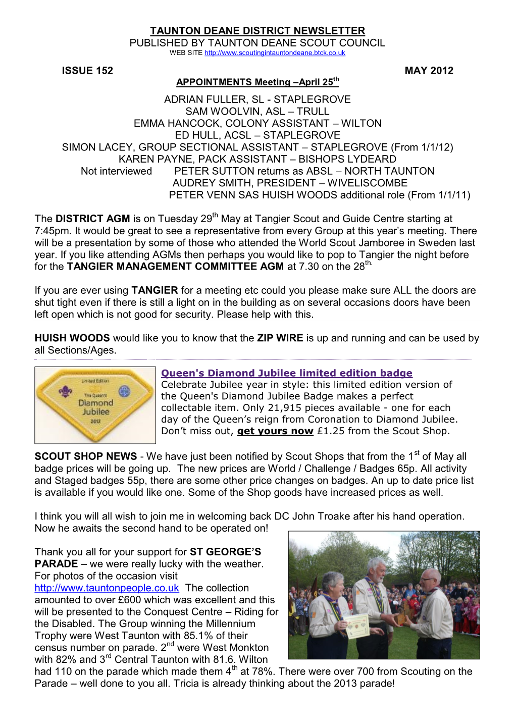 Taunton Deane District Newsletter Published by Taunton Deane Scout Council Web Site