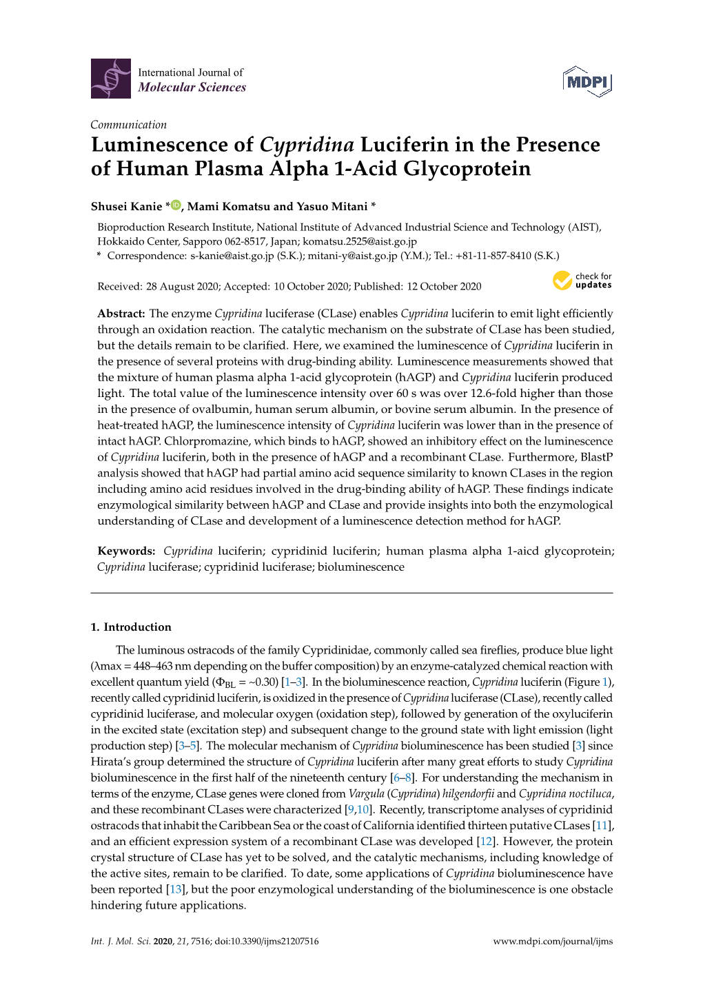 Luminescence of Cypridina Luciferin in the Presence of Human Plasma Alpha 1-Acid Glycoprotein