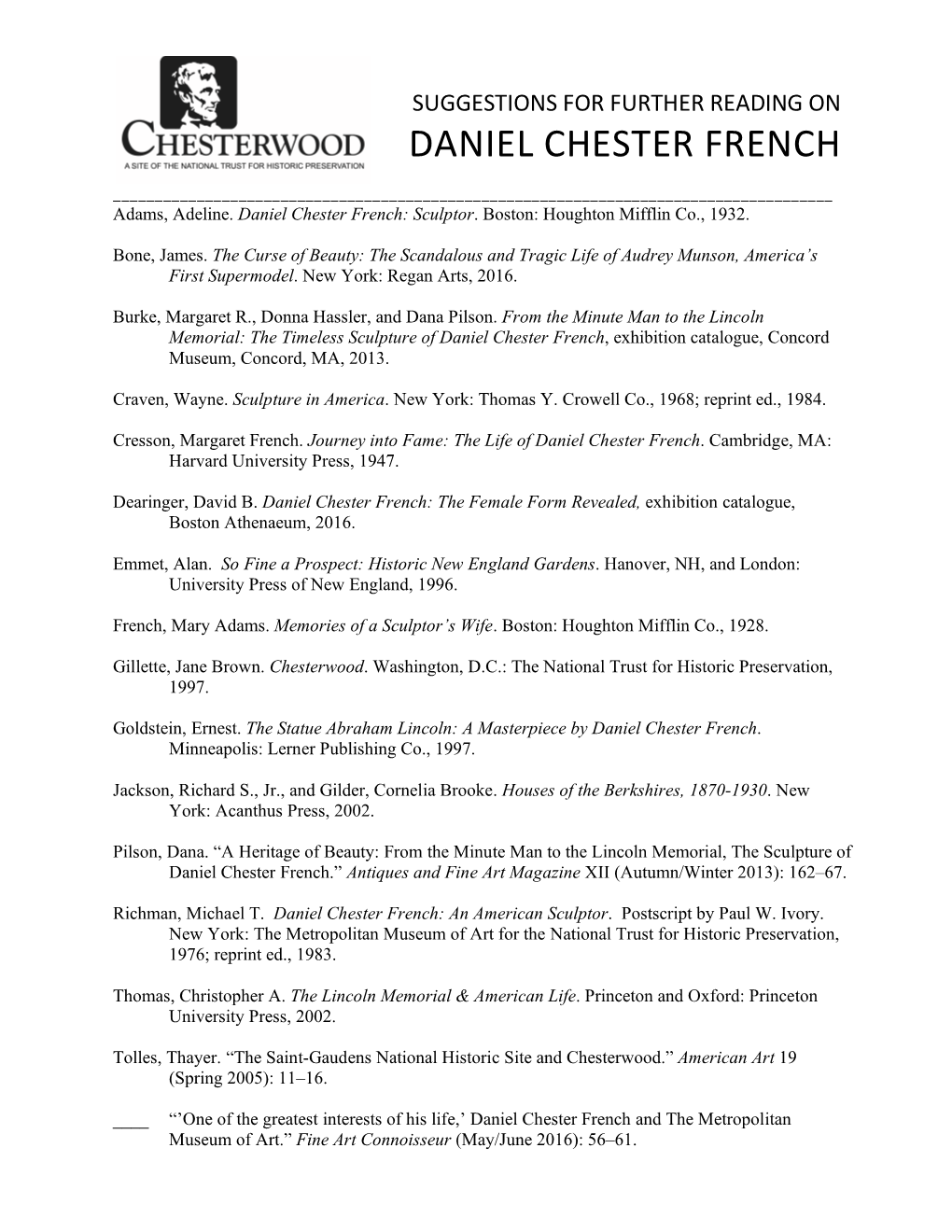 Suggestions for Further Reading on Daniel Chester French