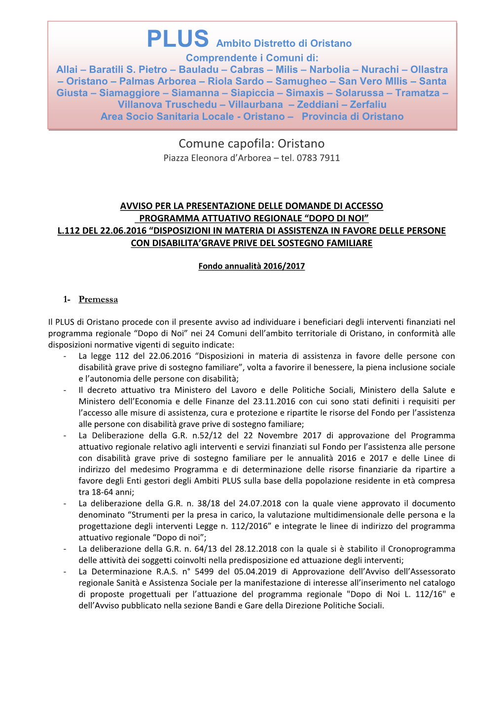 PLUS Ambito Distretto Di Oristano Comprendente I Comuni Di: Allai – Baratili S