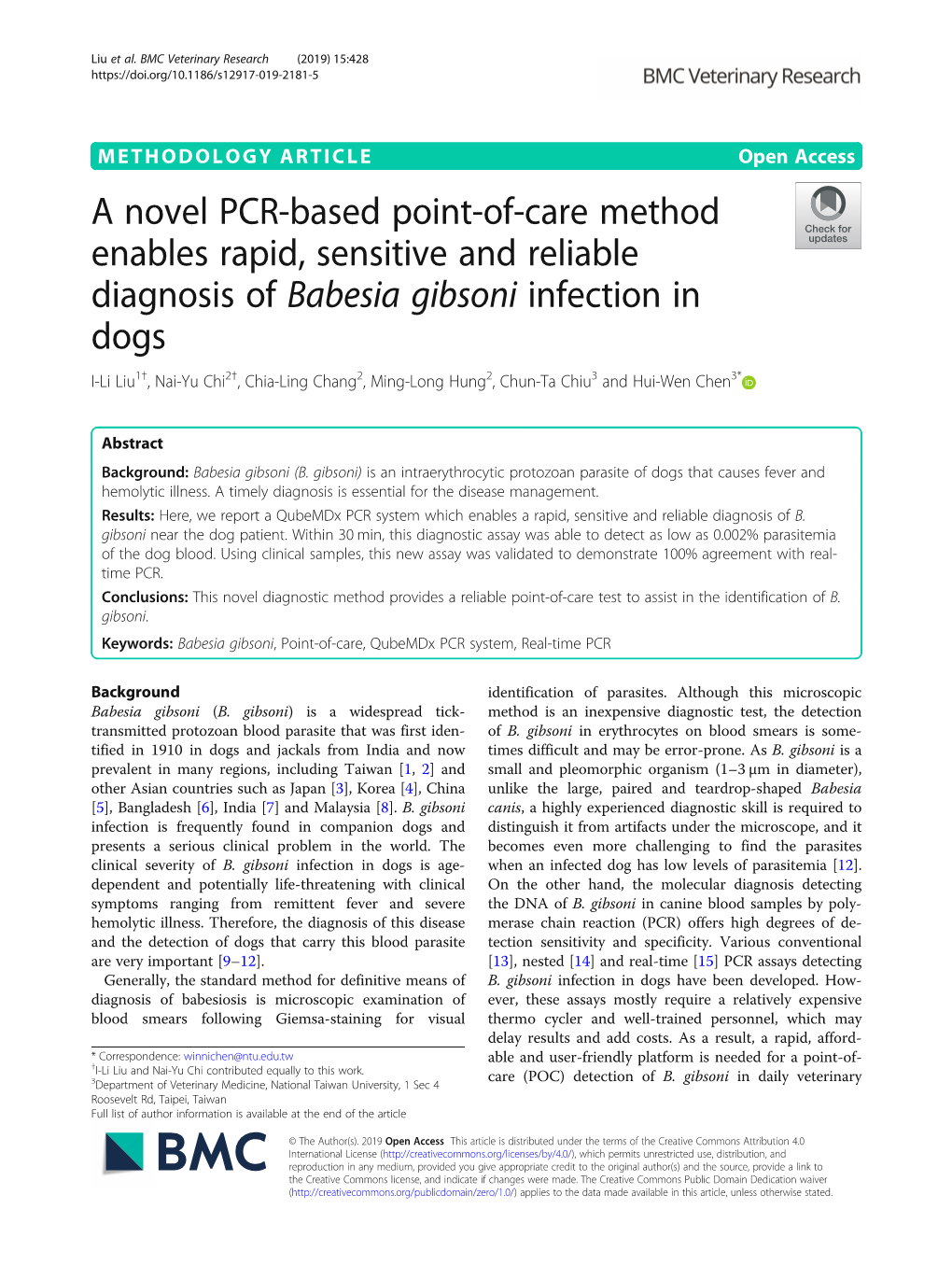 A Novel PCR-Based Point-Of-Care Method Enables Rapid, Sensitive and Reliable Diagnosis of Babesia Gibsoni Infection in Dogs