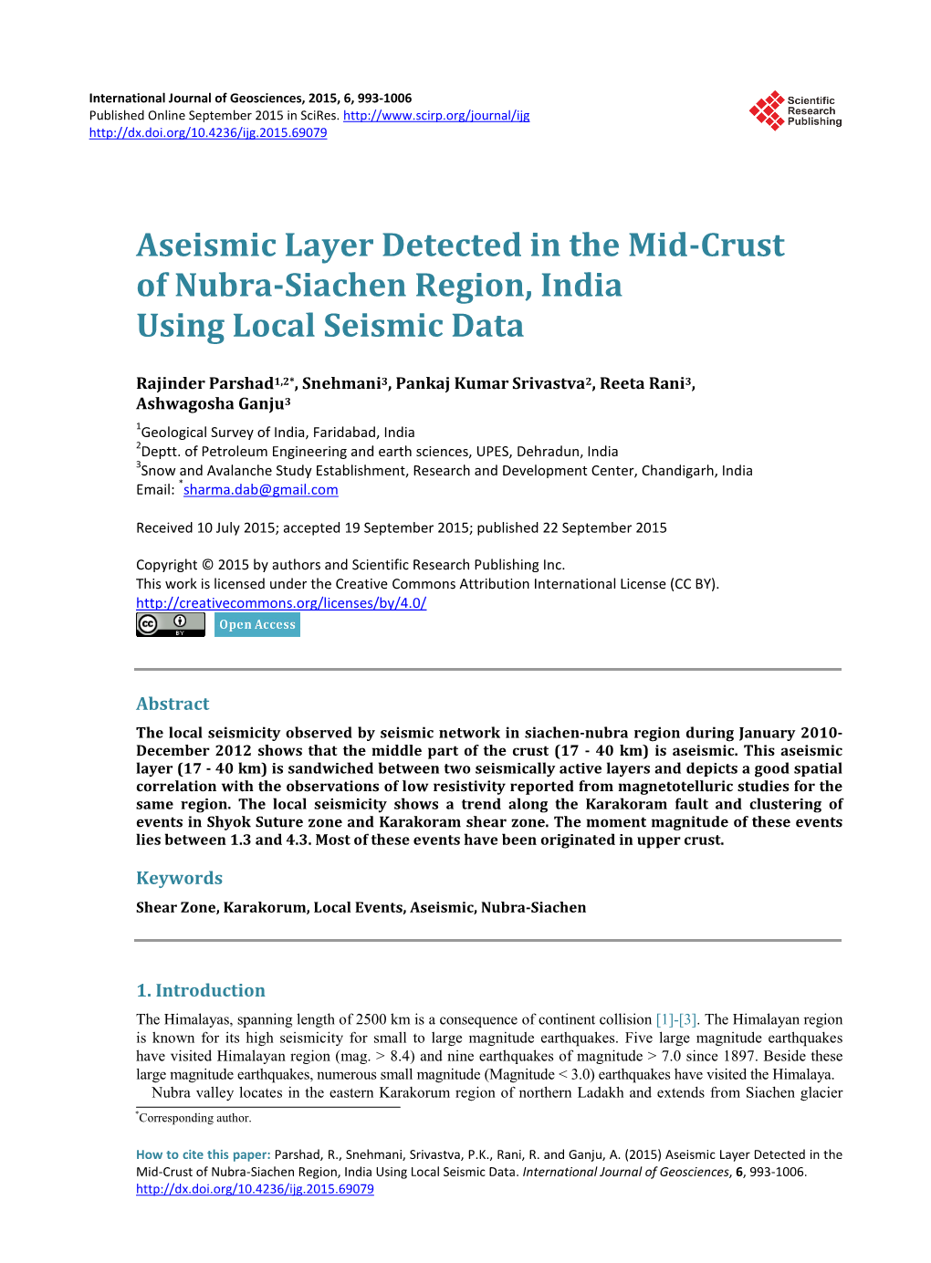 Aseismic Layer Detected in the Mid-Crust of Nubra-Siachen Region, India Using Local Seismic Data