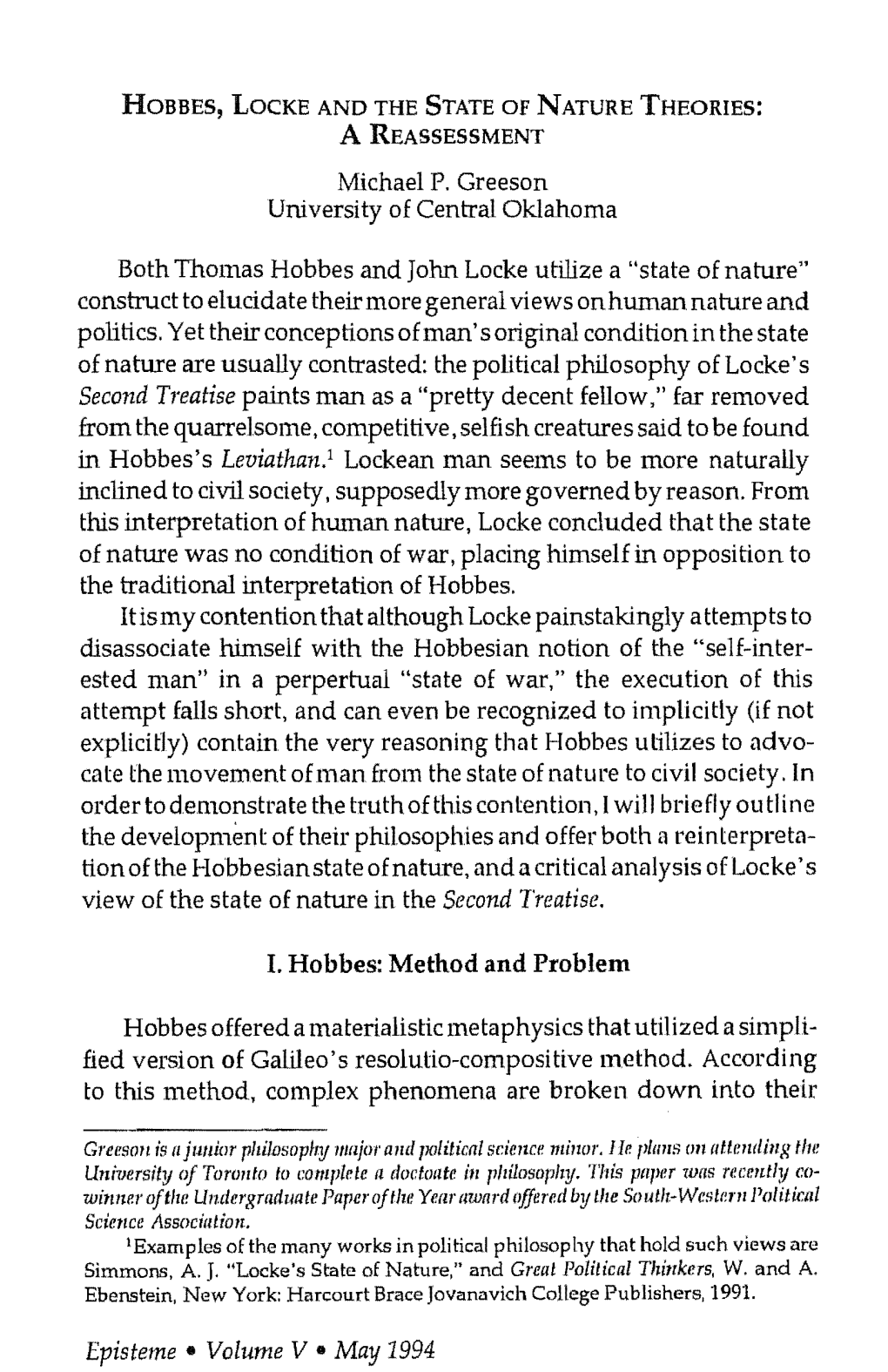 Hobbes, Locke, and the State of Nature Theories