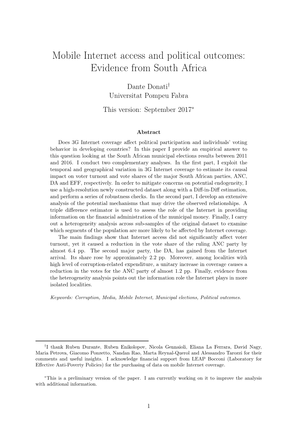 Mobile Internet Access and Political Outcomes: Evidence from South Africa