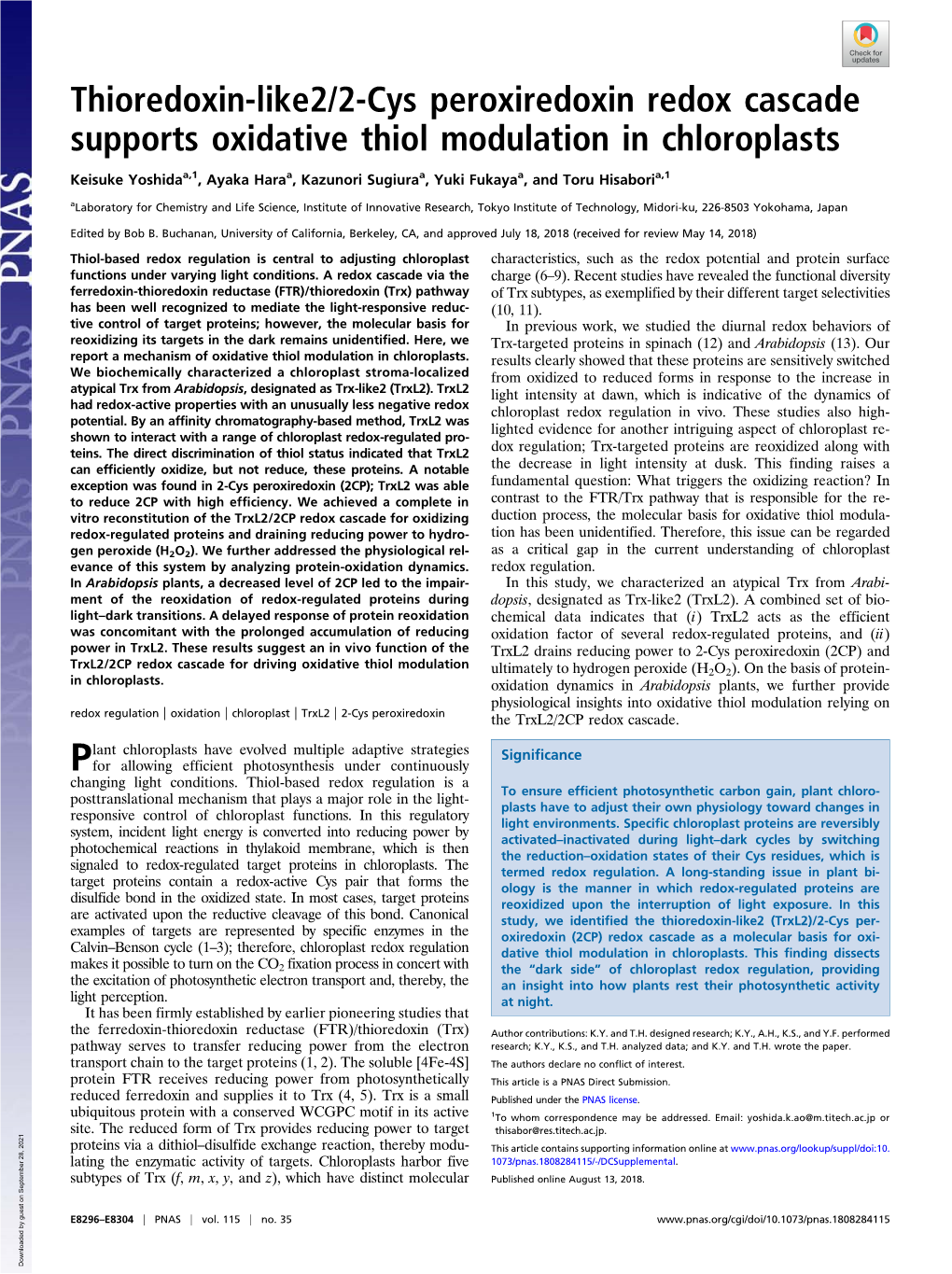 Thioredoxin-Like2/2-Cys Peroxiredoxin Redox Cascade Supports Oxidative Thiol Modulation in Chloroplasts