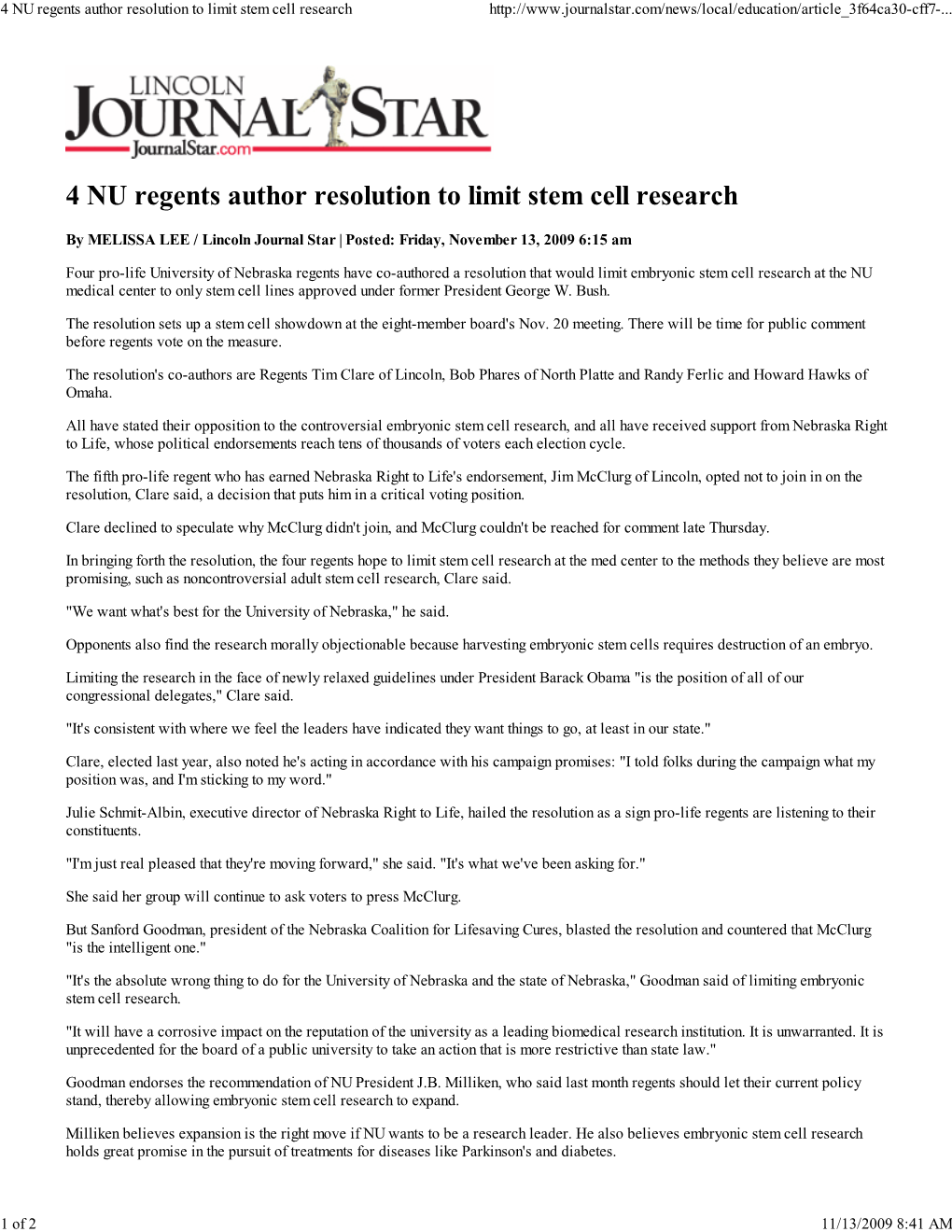 4 NU Regents Author Resolution to Limit Stem Cell Research