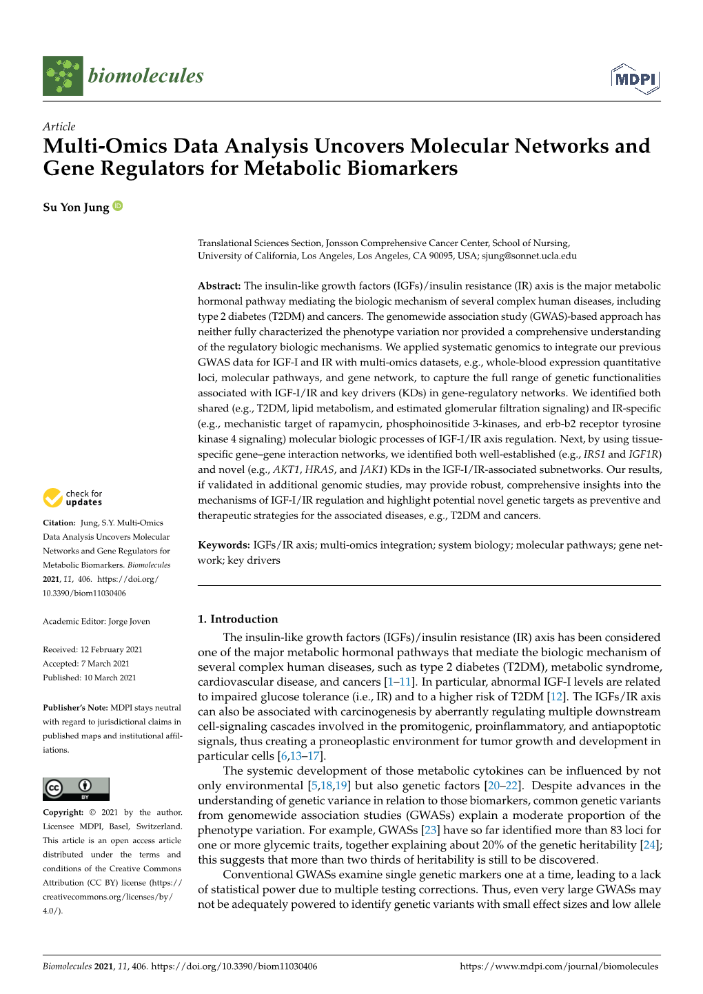 Multi-Omics Data Analysis Uncovers Molecular Networks and Gene Regulators for Metabolic Biomarkers