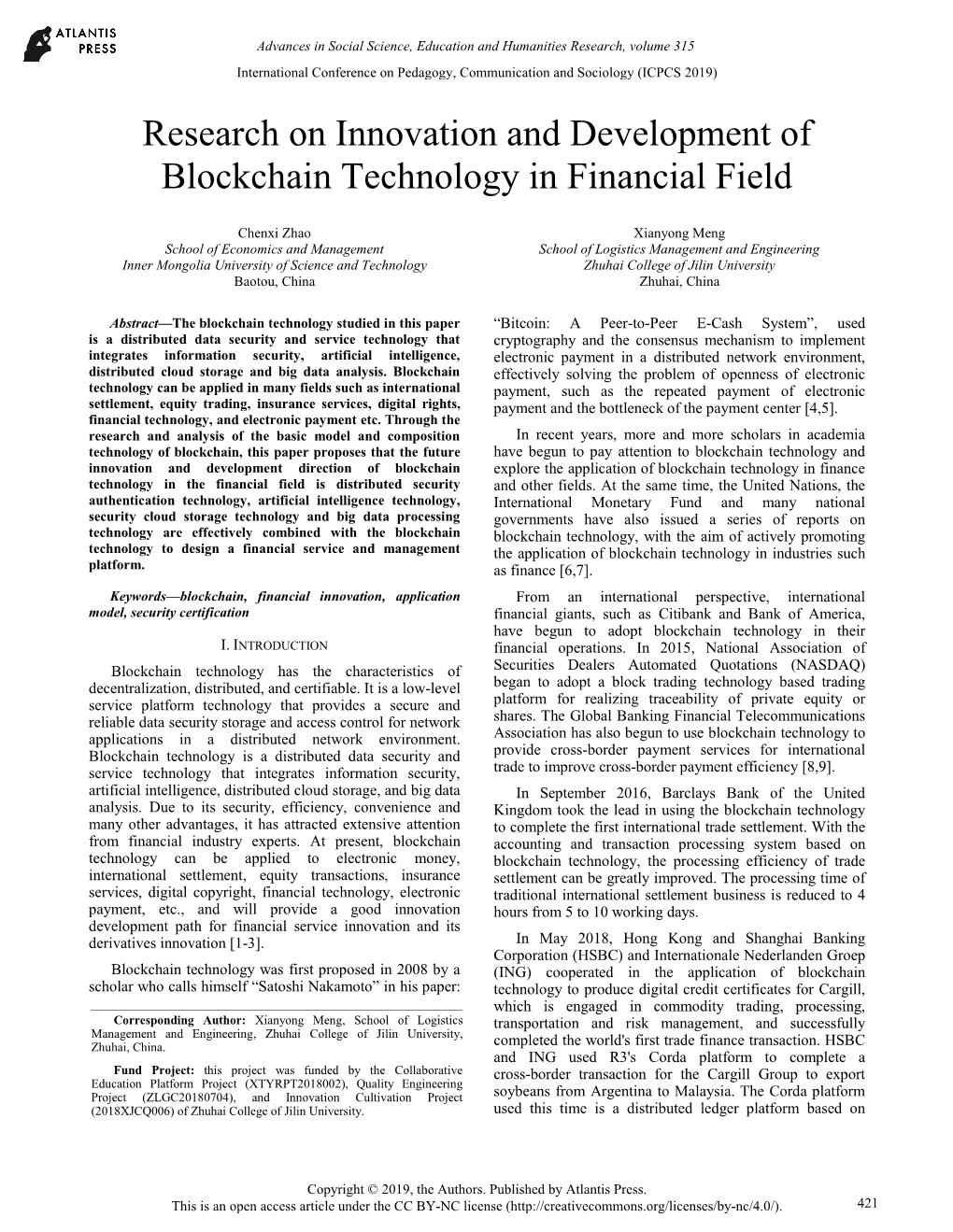 Research on Innovation and Development of Blockchain Technology in Financial Field