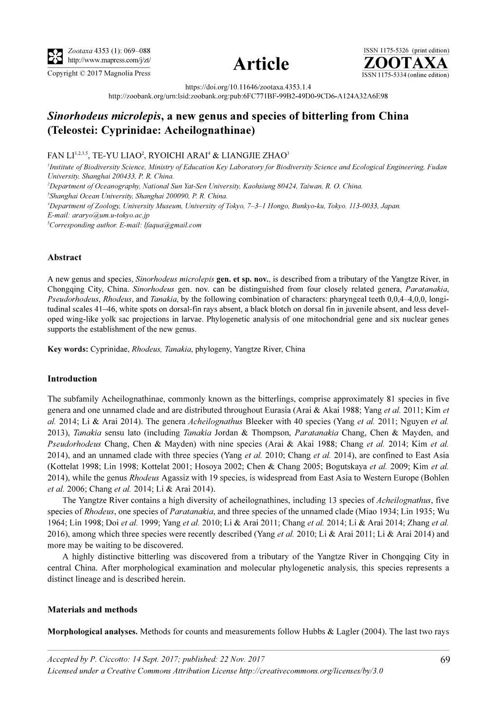 Sinorhodeus Microlepis, a New Genus and Species of Bitterling from China (Teleostei: Cyprinidae: Acheilognathinae)