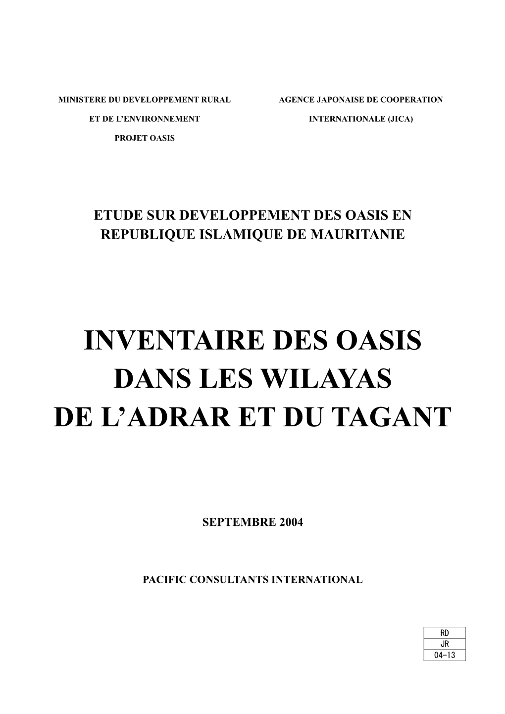 Inventaire Des Oasis Dans Les Wilayas De L'adrar Et Du Tagant