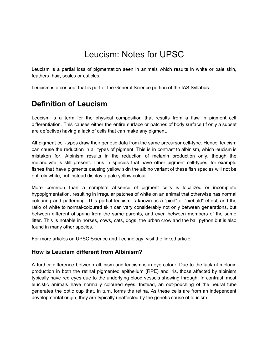 Leucism: Notes for UPSC