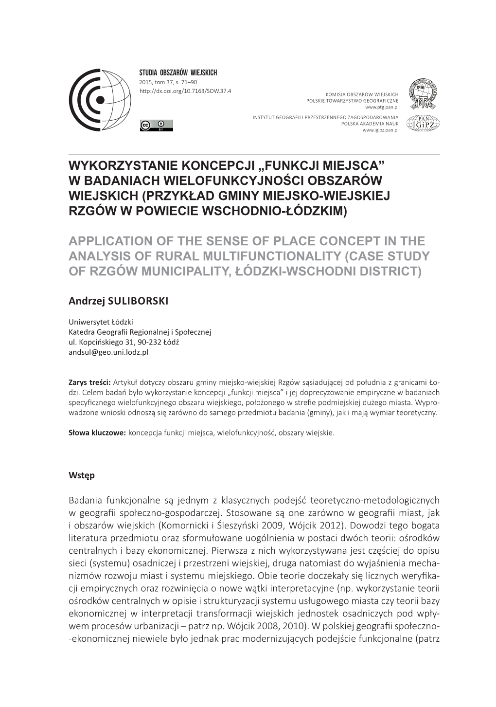 Studia Obszarów Wiejskich, T. 37, Wykorzystanie Koncepcji „Funkcji