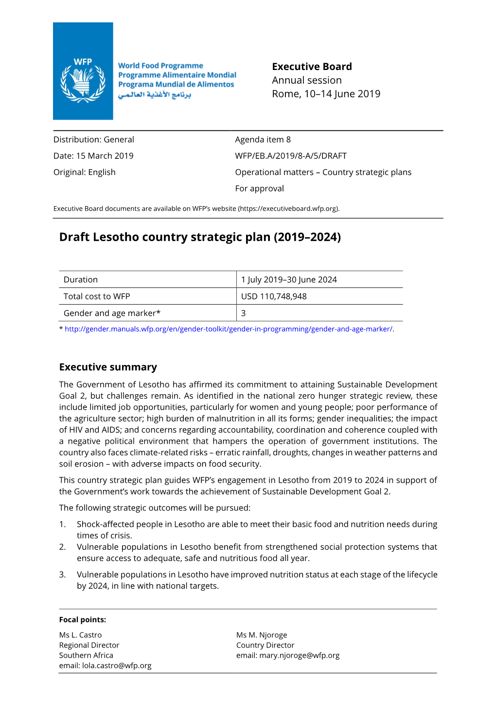 Draft Lesotho Country Strategic Plan (2019–2024)