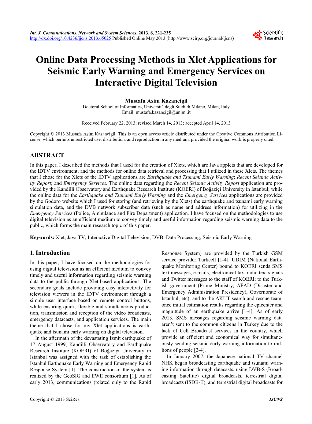 Online Data Processing Methods in Xlet Applications for Seismic Early Warning and Emergency Services on Interactive Digital Television