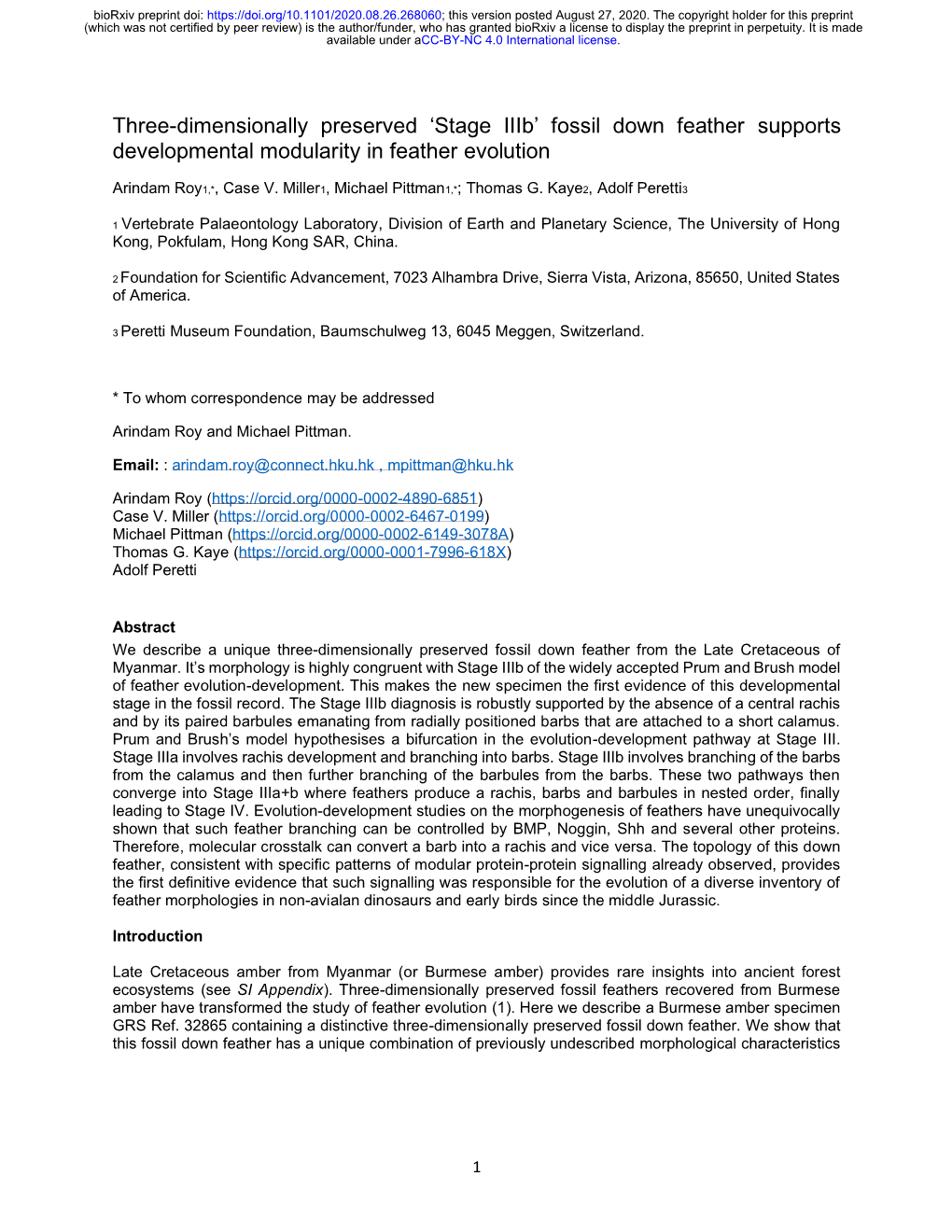 Stage Iiib’ Fossil Down Feather Supports Developmental Modularity in Feather Evolution